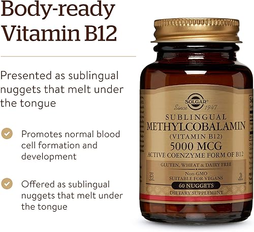 Miniatura 5 de Solgar Metilcobalamina vitamina B12 5000 mcg 60 pepitas - Apoya el metabolismo energético - Listo para el cuerpo forma activa de B12 - Vitamina B