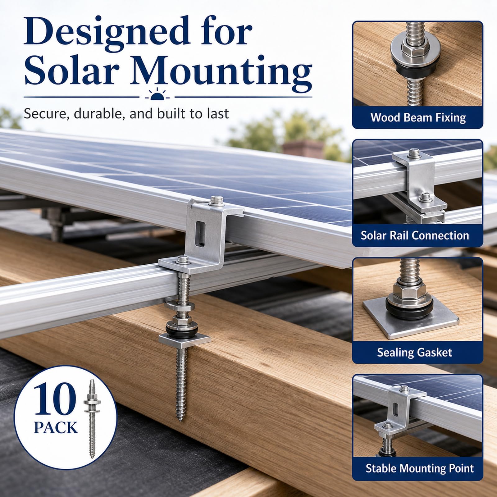 STARVAST 10 Stück Stockschrauben M10 Edelstahl，250mm Stockschraube Vormontiert，Edelstahl V2A A2 für Photovoltaik- Solarbefestigung auf Gebäudedächer