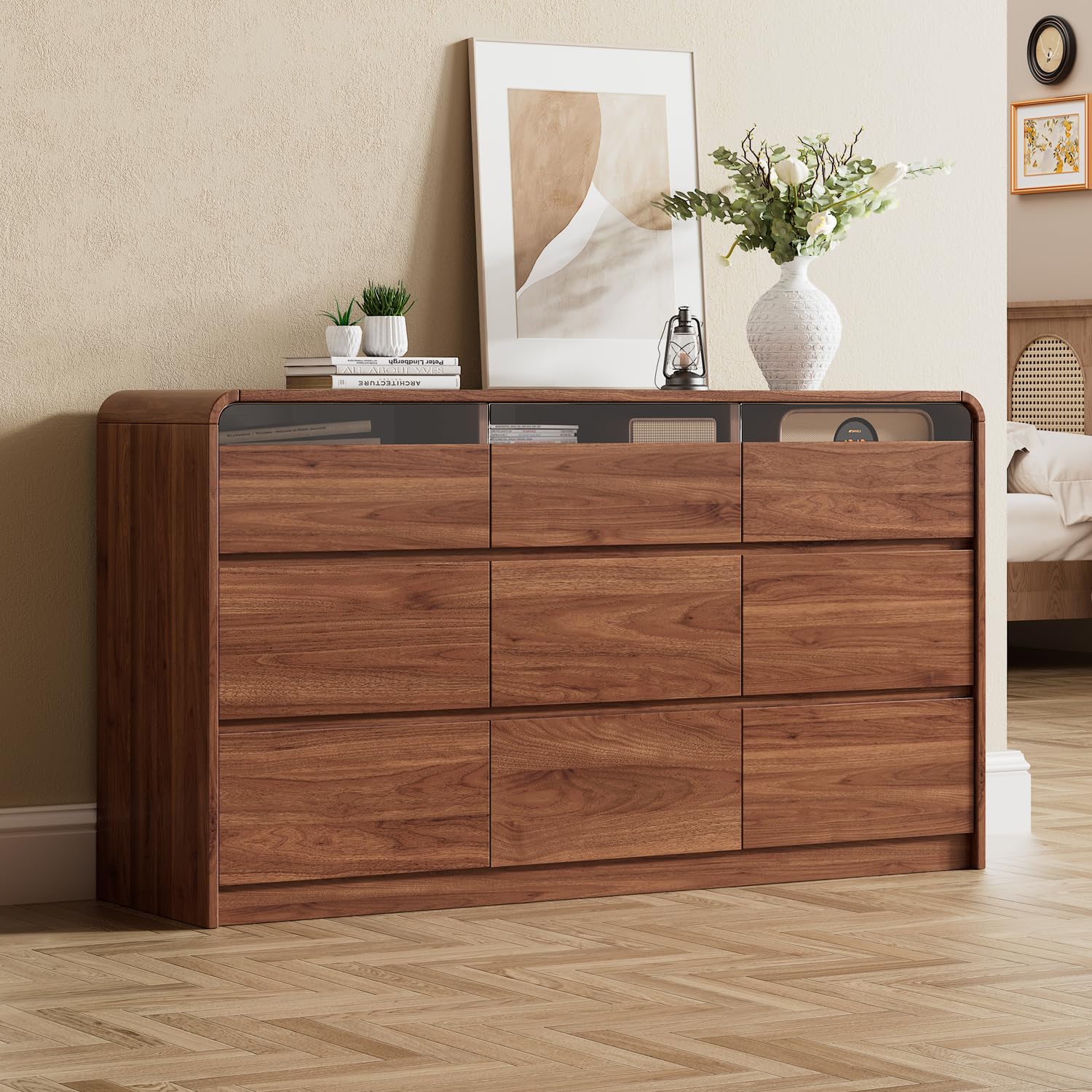 Photo 1 of ***UPDATED 6/12*** Ieejdn 63.1" Large 9 Drawer Storage Organizer, Wide Dresser with Recessed Glass Display & Silent Metal Rails, Handleless Chest of Drawers for Clothes, and Bedding, Brown