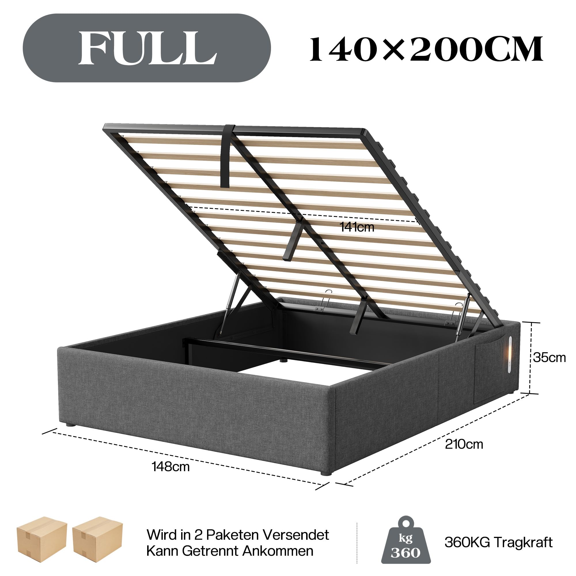 LUXOAK Bett 140x200 cm mit Stauraum und Gasdruckfeder, USB-Anschluss, LED-Nachtlicht, Seitentasche, geräuscharm, einfache Montage, kein Boxspring nötig, grau