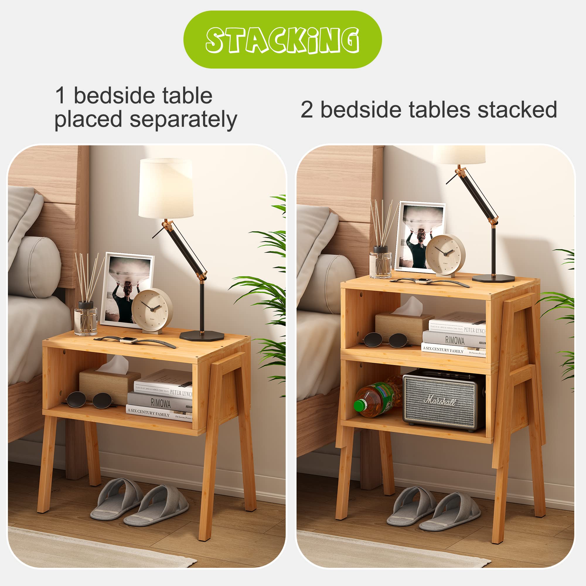 End Table Set of 2 Bamboo Stackable Bedside Table Living Room Nightstand 2-Tier Storage Shelf Wood Sofa Table for Small Space Bed Room Living Room