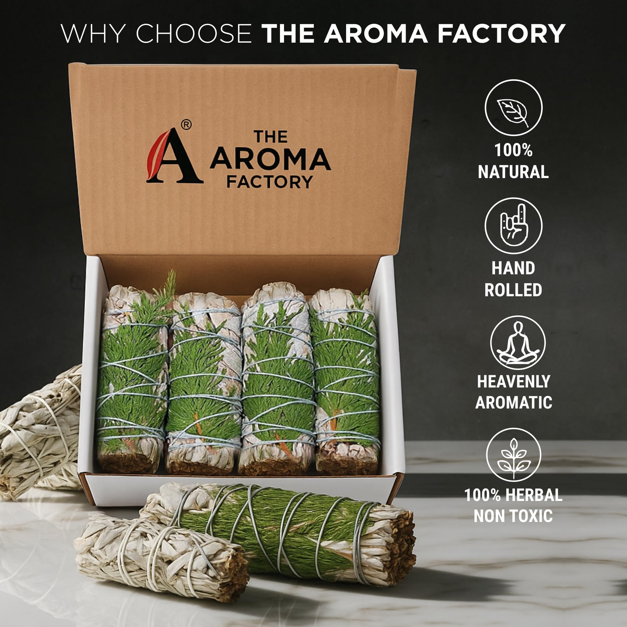 The Aroma Factory Natural White Sage Cedar Dry Leaves Smudging Sticks Bundles (6 Inch x 30g Each) Removes Negativity, Aura Cleansing, 1 Box (White Sage with Cedar Leaves, Pack of 4) 1