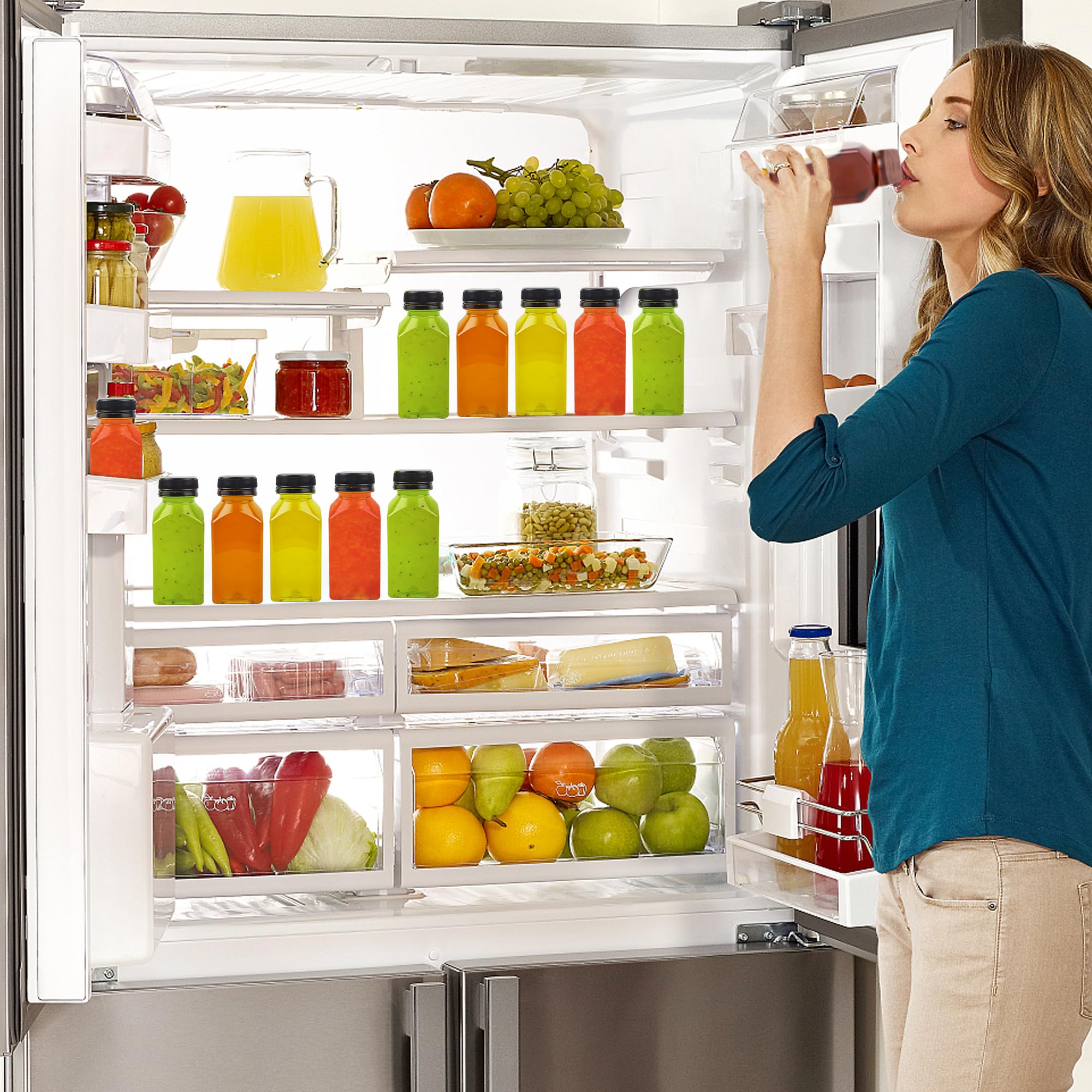 32 bottiglie di plastica trasparenti da 250 ml, con coperchio, riutilizzabili, per mini frigo, succhi di frutta, bevande, frullati, acqua