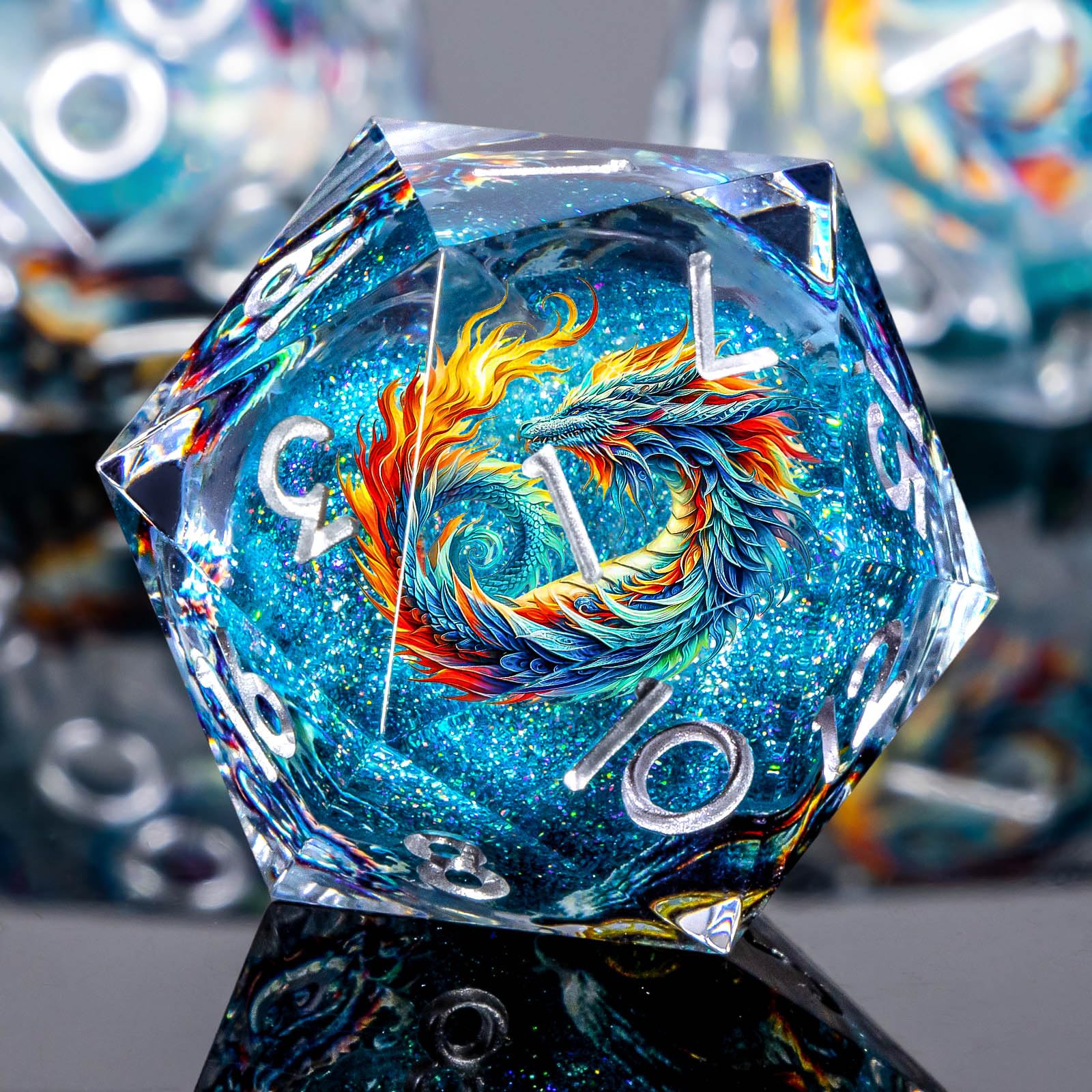 Roycevon Dragon Pattern Liquid Core DND Dice Set, 7Pcs Sharp Edge D&D Dice with Gift Box, Blue Resin Dungeons Dragons D and D Role Playing Dice D20