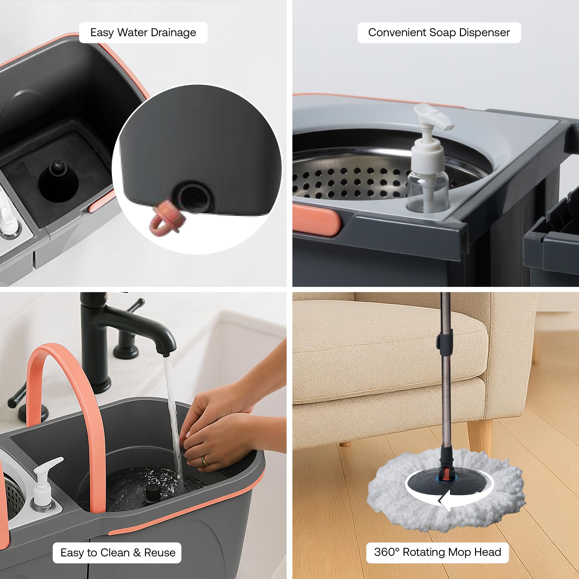 BonKaso Twin Spin Mop Set | 1 Bucket, 1 Handle & 2 Microfiber Mop Heads with Stainless Steel Wringer | 360° Easy Floor Cleaning for Home & Office 2