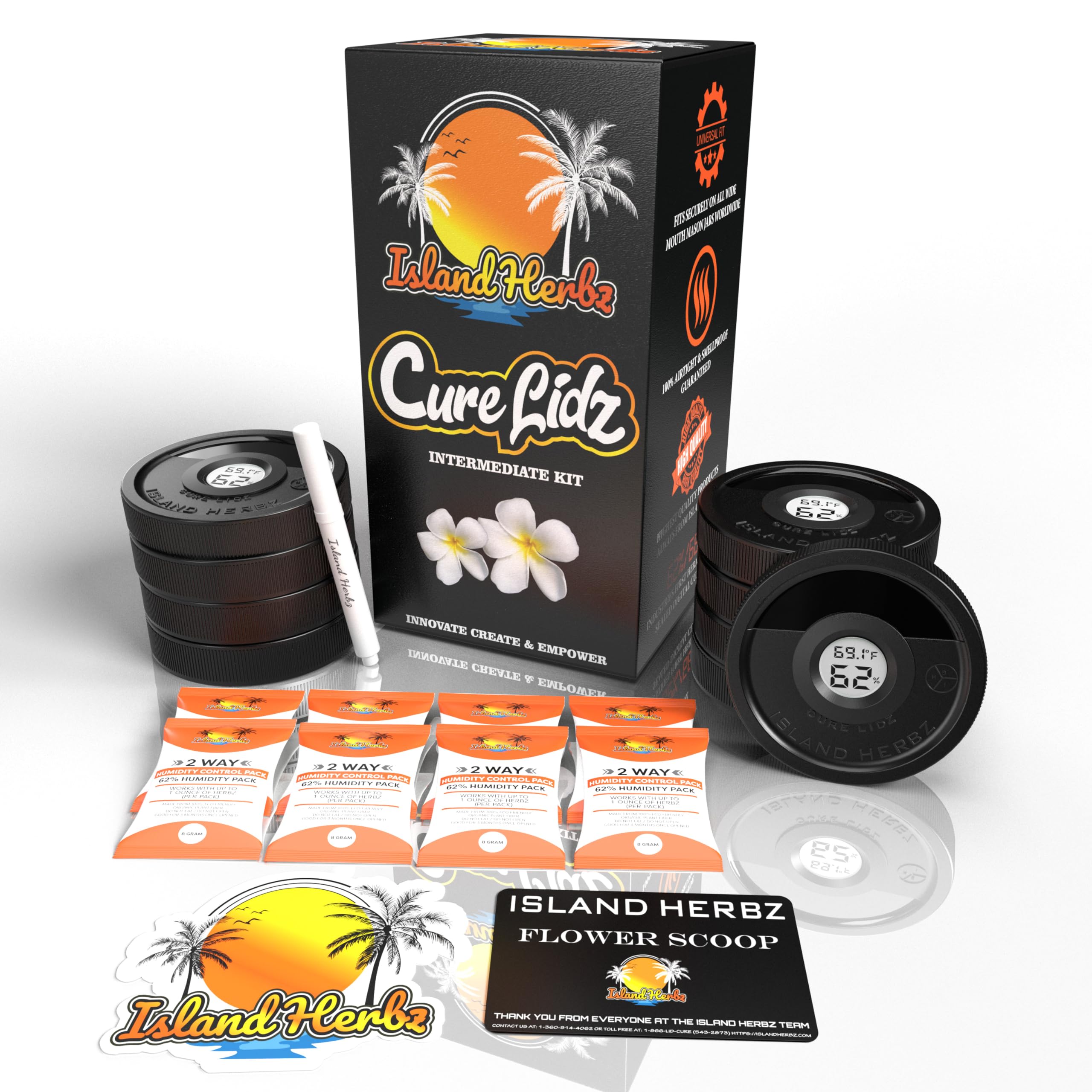 Island Herbz Intermediate Cure Kit Fits All Wide Mouth Mason Jars: 8 Airtight Digital Cure Lids, 8-8 Gram Organic 2 Way Humidity Controllers 1 Scoop