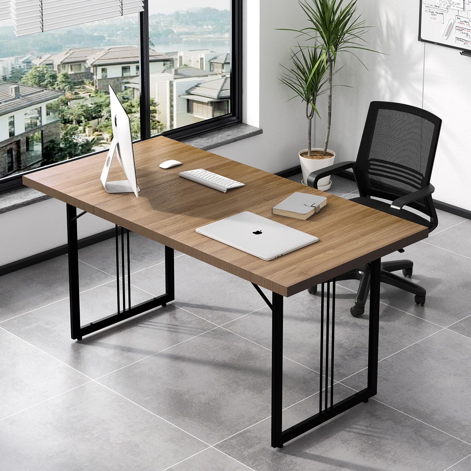 GOLDFAN 62.99" Executive Desk Industrial Wooden Rectangular Conference Room Table with Black Metal Frame Large Home Office Desk Workstation for Living Room (208 Brown, 160 * 80 * 75cm)