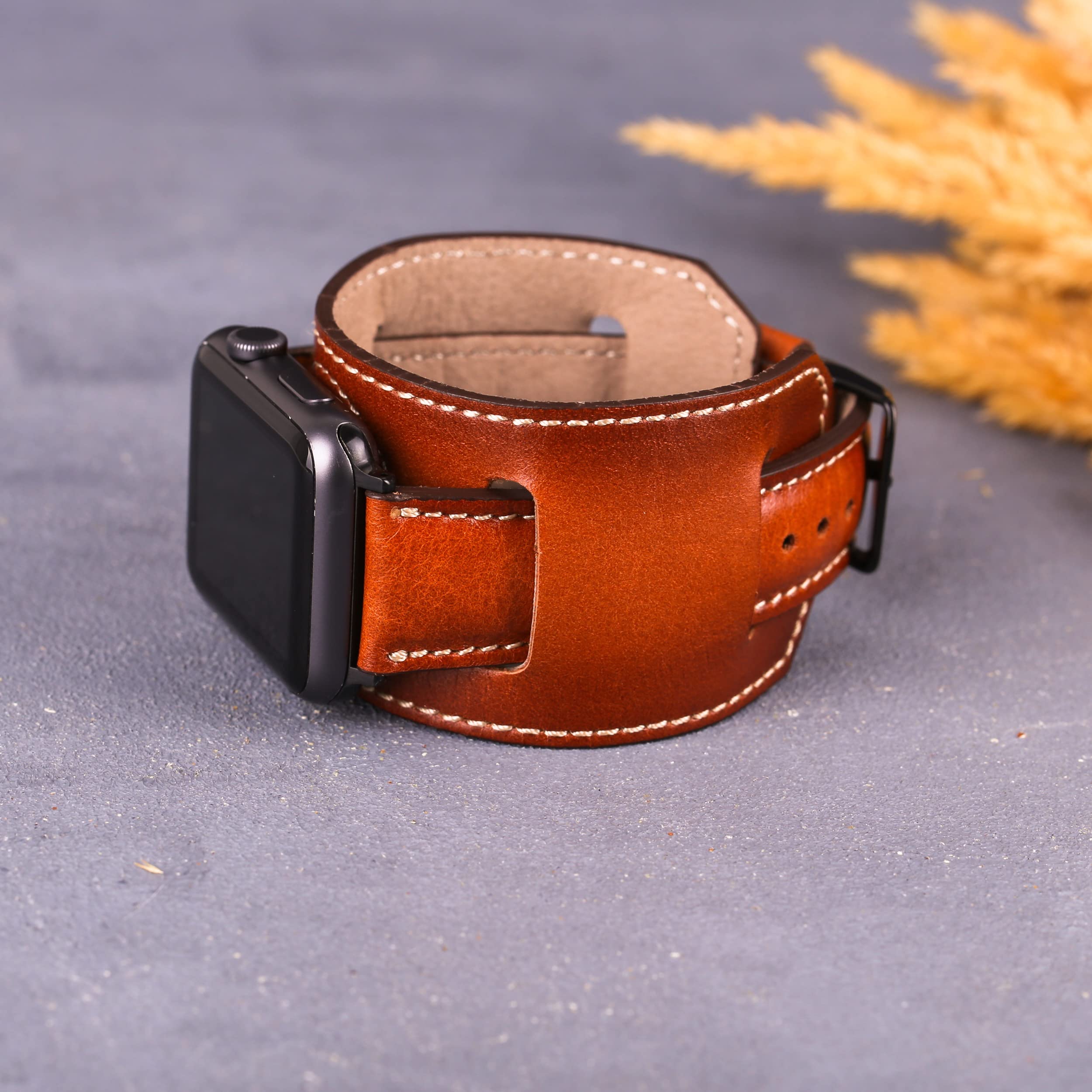 OXA Leather Cuff Watch Band Compatible with Apple Watch | Series 8 7 6 5 4 3 2 1 SE Ultra | Polished Stainless-Steel Buckle and Adapters | Men and Women | 42mm 44mm 45mm 49mm | - Rustic