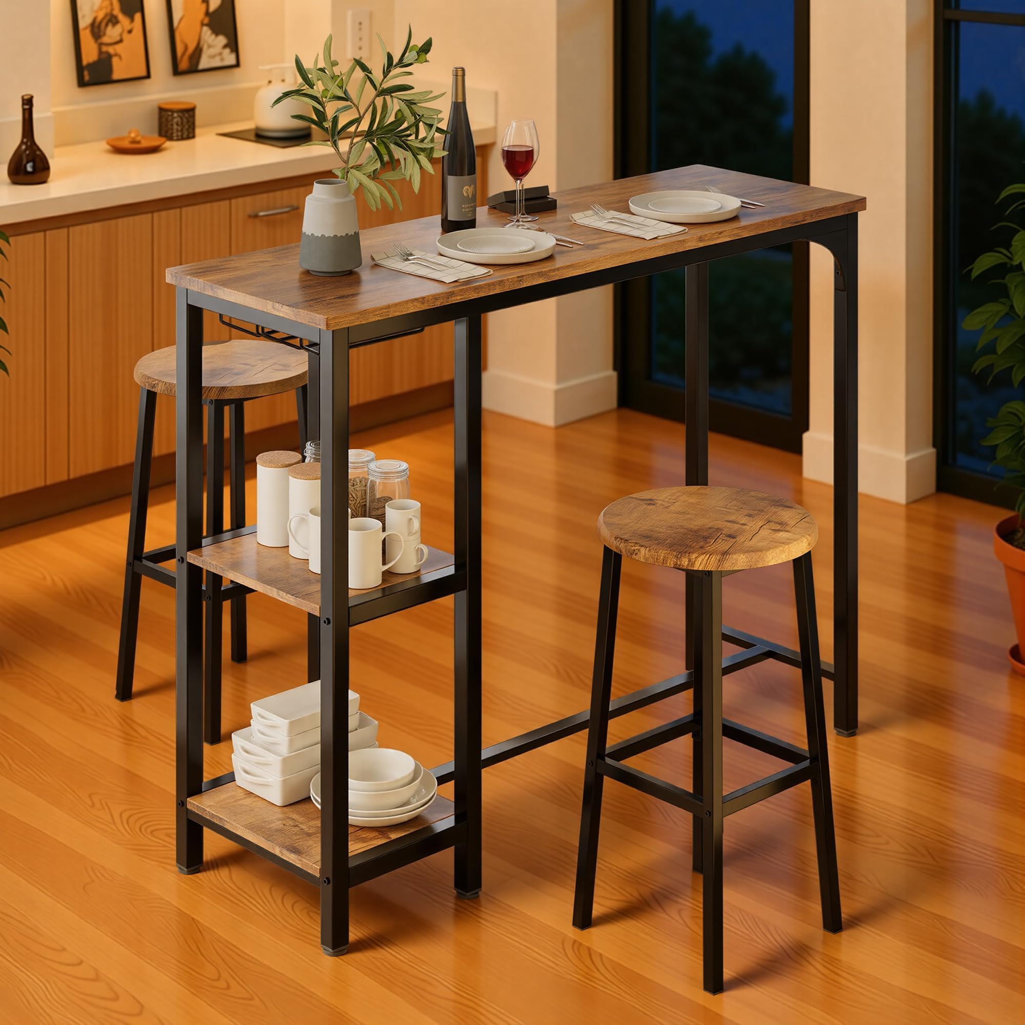 Bartisch mit 2 Hockern, 3-teiliges Bartisch Set, Küchentisch mit Ablage & Glashalter, Platzsparender Stehtisch für Küche, Wohnzimmer & kleine Räume, Industrial Vintage (Retro)