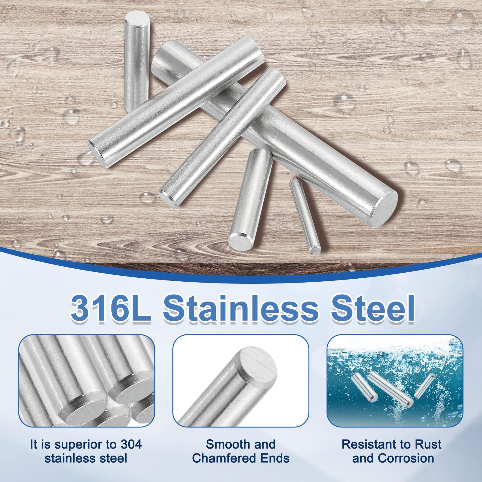 QUARKZMAN 40 Pz 5 mm x 8 mm perni di legno, perni cilindrici in acciaio inossidabile 316L supporto mensola perno perno asta fissaggio elementi mensola perni in metallo tono argento