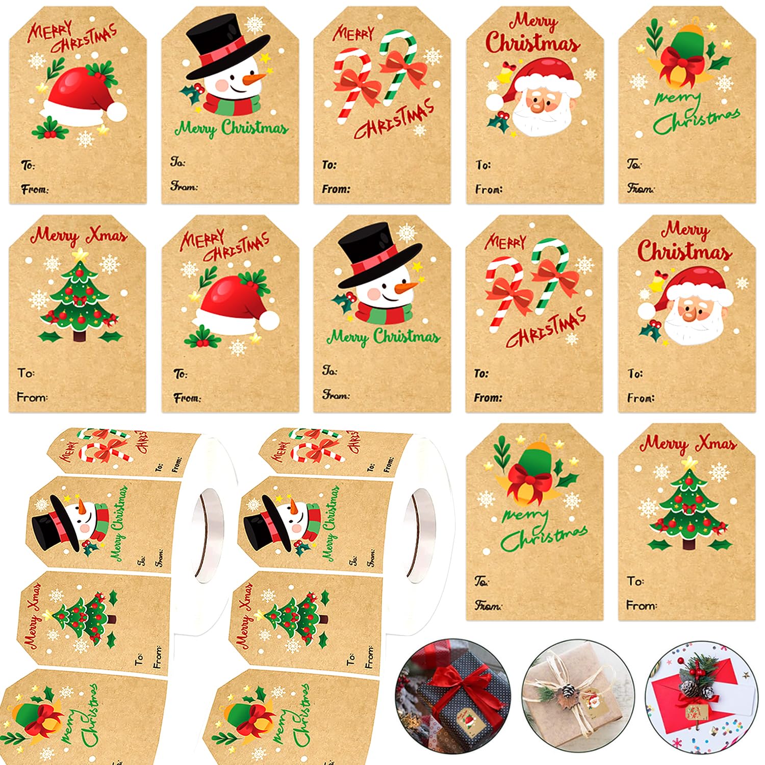 500 Pcs Christmas Gift Tag Stickers Christmas Self Adhesive Label Stickers Natural Kraft Paper Stickers Christmas Decorative Stickers for Gifts DIY Xmas Holiday Present Decoration, 2 x 3 Inch