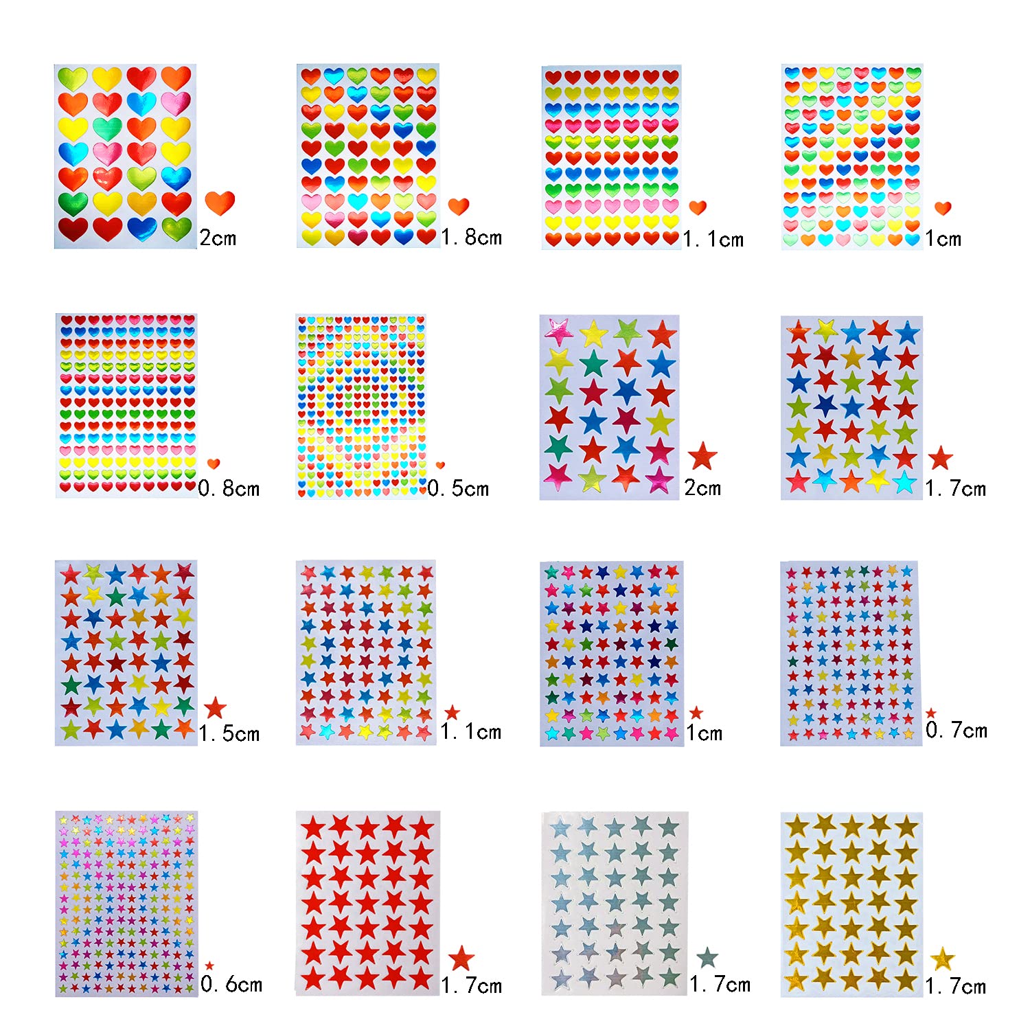 AORHOFJ 12PCS Fogli Adesivi Colorati, a Forma di Cuore, autoadesivi, per Ufficio, Scuola, casa, commemoria, Adesivi Cuore,Stella a Cinque Punte,Adesivi Cuori,Legami cartoleria,cancelleria Legami