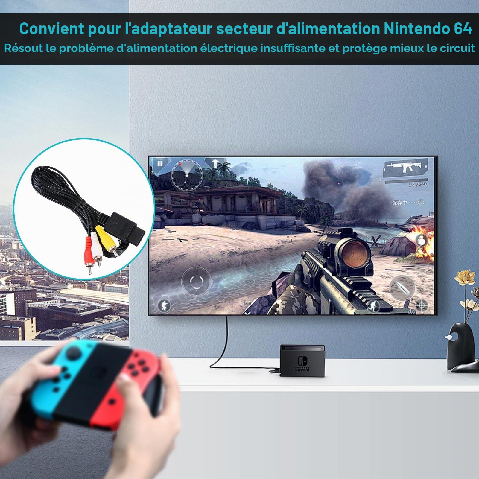 Transformateur d'alimentation N64, Adaptateur Secteur Universel Chargeur Adaptateur Convertisseur Audio Compatible pour Câble Vidéo AV 100-240 V (EU)