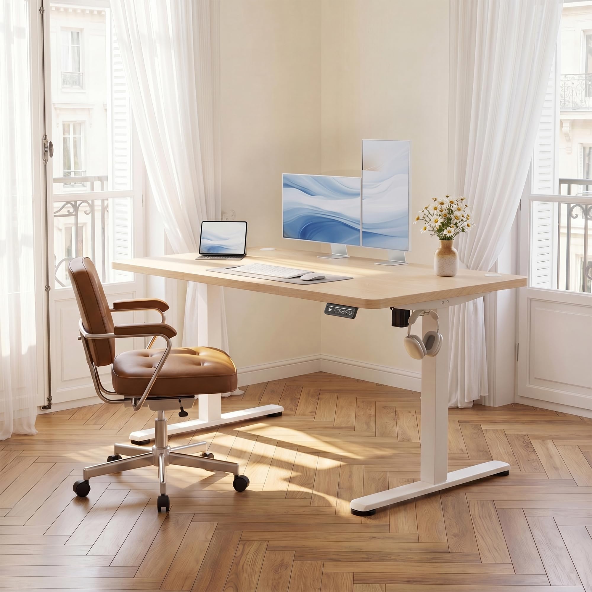 JUMMICO 120×60 cm Scrivania regolabile in altezza, telecomando 4 tasti con funzione memoria e gancio integrato, ideale per ufficio, studio e gaming, Beige | Scrivania per computer regolabile in altezza con 2 memorie, postazione di lavoro ergonomica con pa