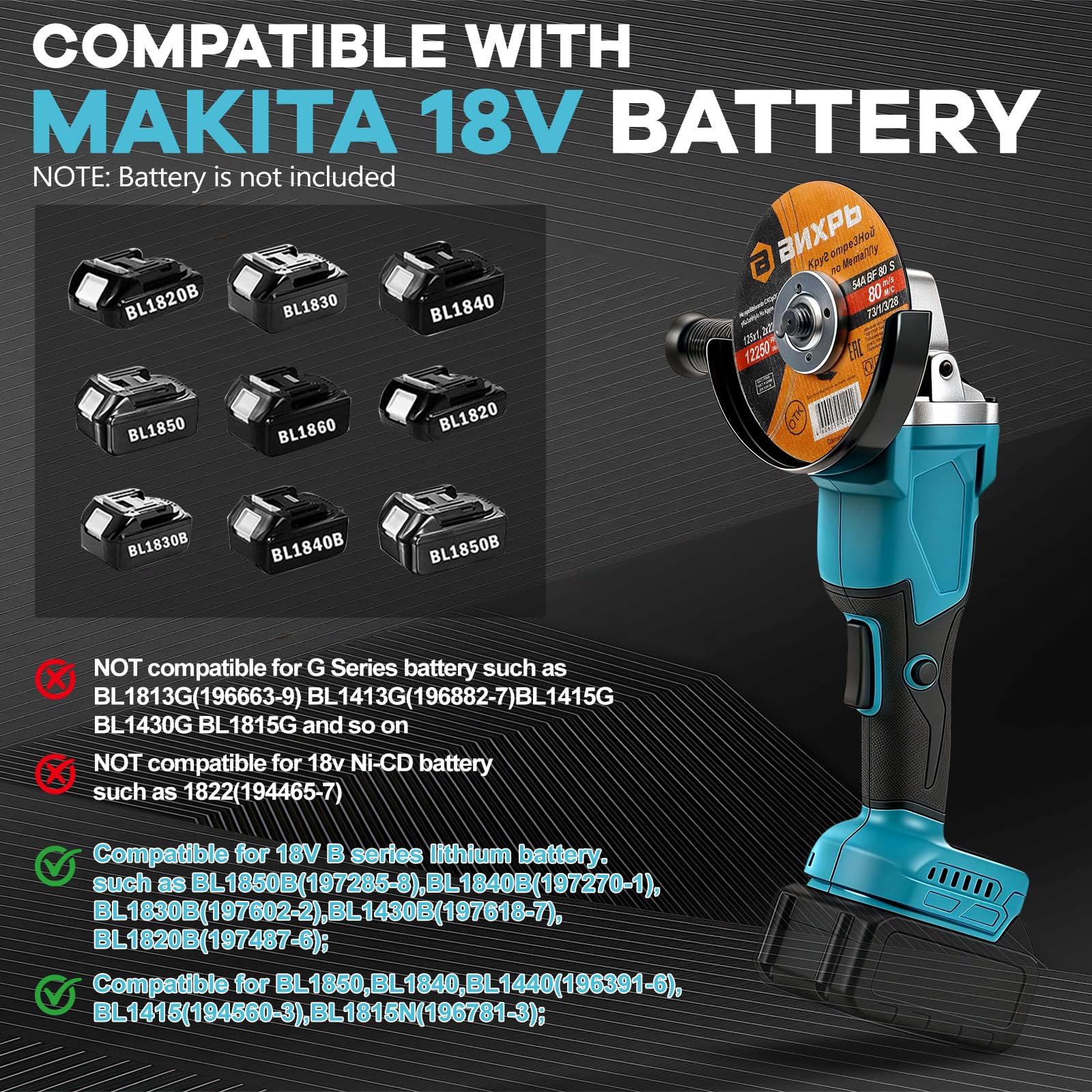 125mm Amoladora angular inalámbrica compatible con Makita 18V batería (sin bateríe), 900 W, 9000 rpm, amoladora angular sin escobillas con 3 velocidades, 12 discos, mango adicional y caja de plástico