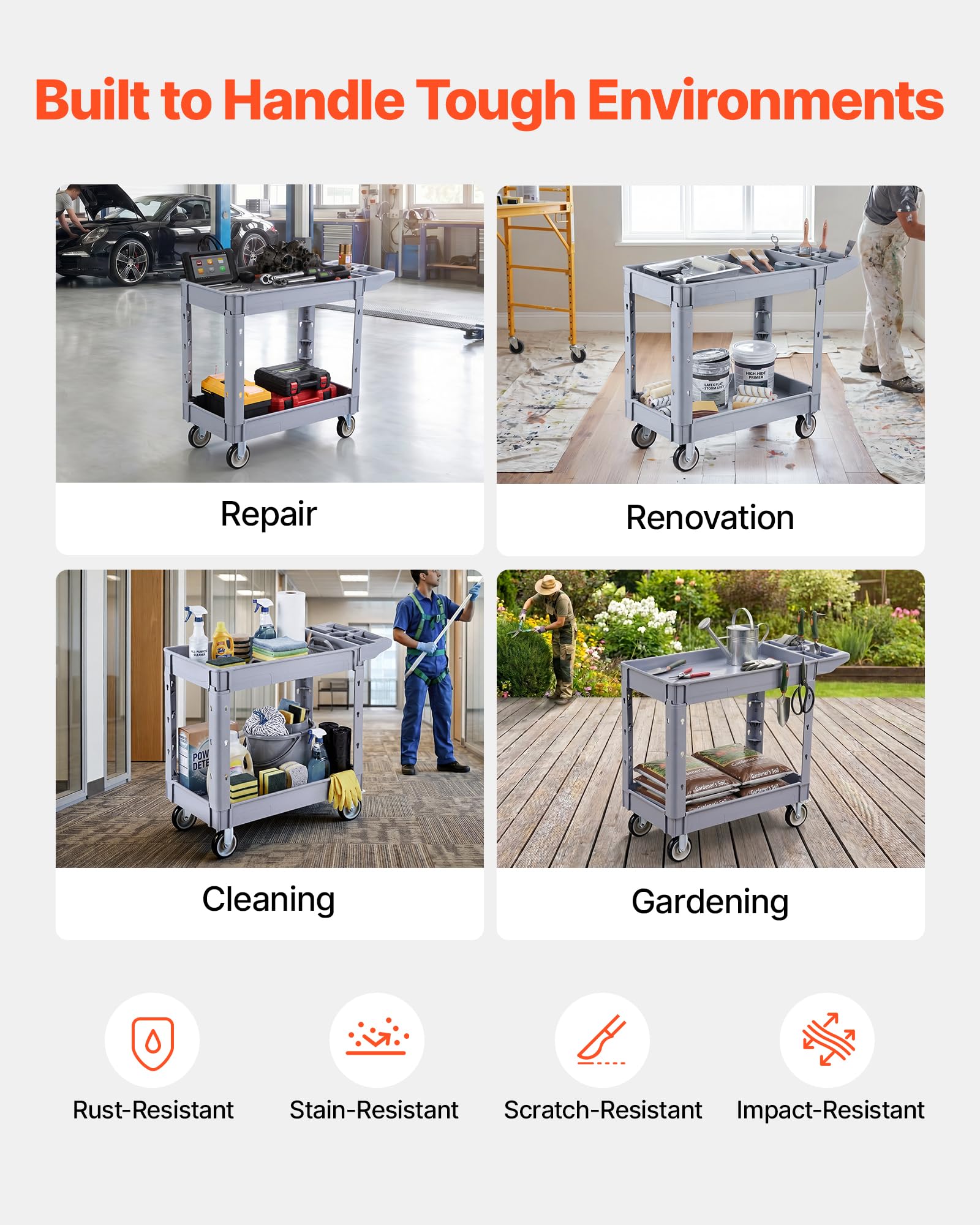 VEVOR Carrello di Servizio Portata 250 kg 2 Ripiani Ruote Girevoli a 360°, Carrello da Officina, 2 Ruote con Freno, Struttura in Plastica Resistente con Vassoio Comodo, per Garage e Magazzino, Grigio