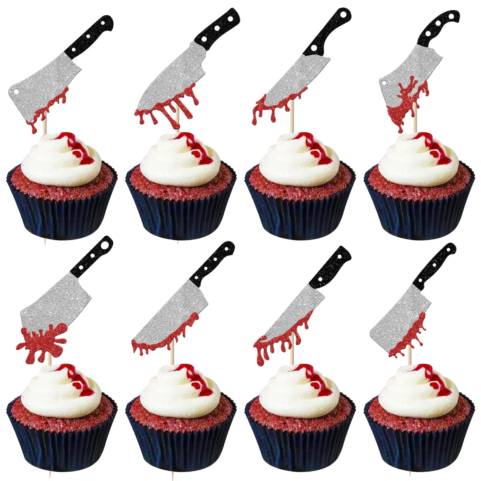 Xsstarmi 24 Pack Bloody Knife Cupcake Toppers Silver Glitter Have a Killer Cupcake Picks for Horrible Baby Shower Birthday Halooween Party Cake Decorations Supplies