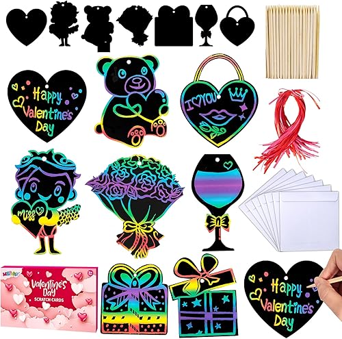 MGparty Paquete de 24 tarjetas del día de San Valentín para niños con papel para rascar, tarjetas mágicas de colores para rascar, corazón, arco