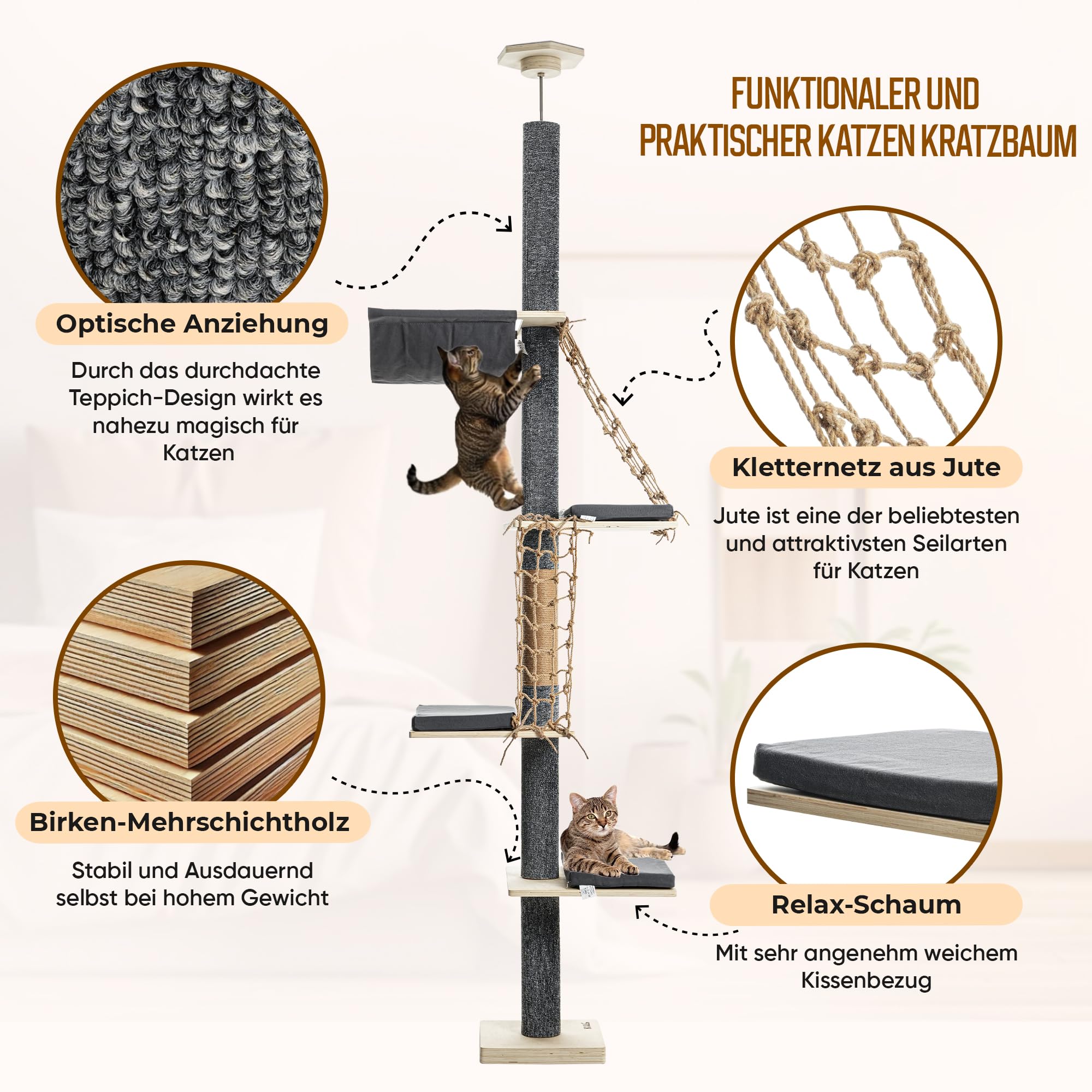 Kratzbaum Deckenhoch mit Hängematte & Kletternetz| Höhenverstellbar 236–270 cm | Kratzbaum Deckenspanner mit 5 Plattformen | Schmal & platzsparender Indoor-Kletterturm aus Holz für Katzen