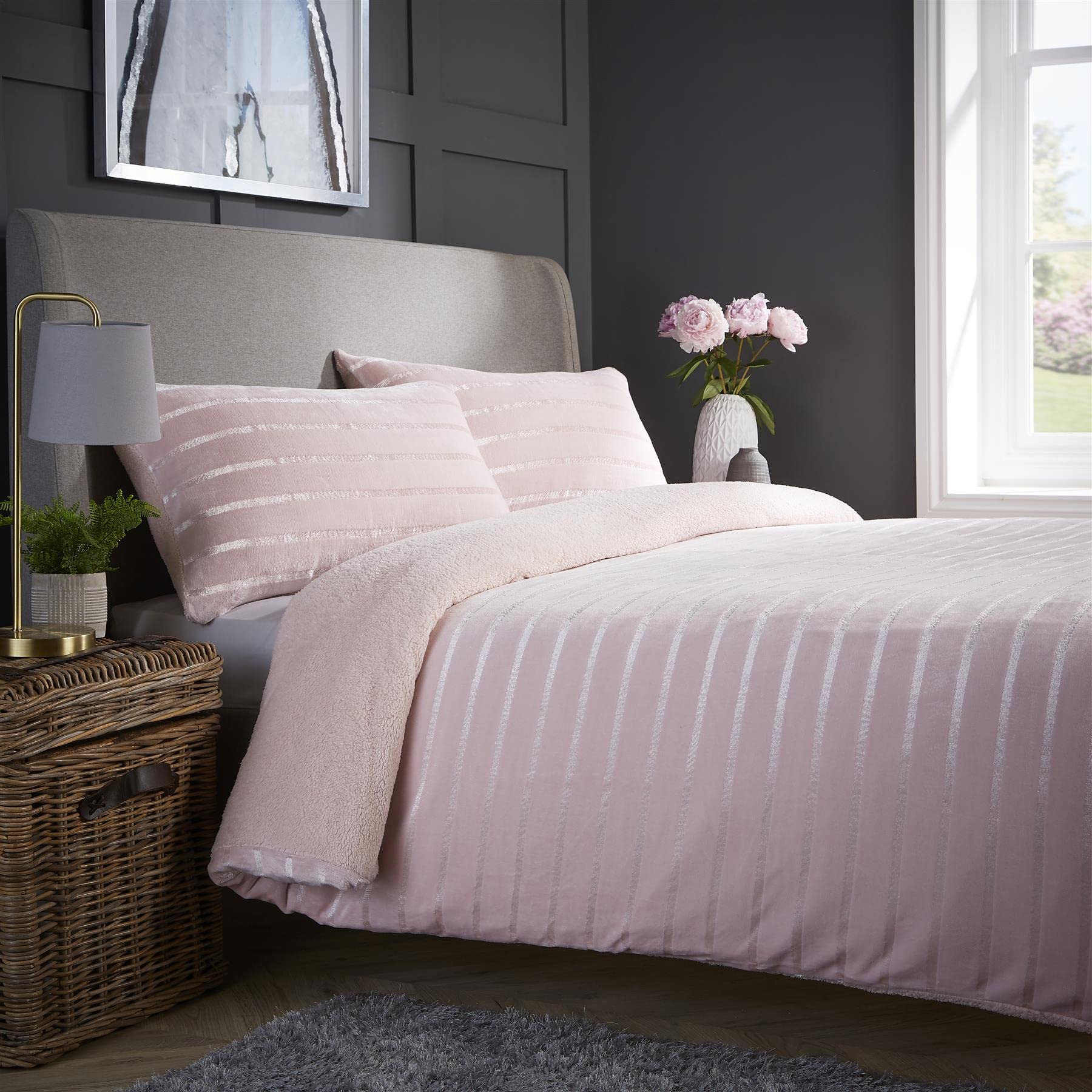 Olivia Rocco Teddy Duvet Cover Set Stripe Fleece Soft Fluffy Quilt Sets Thermal Warm Cosy Snug Bedding, King Pink