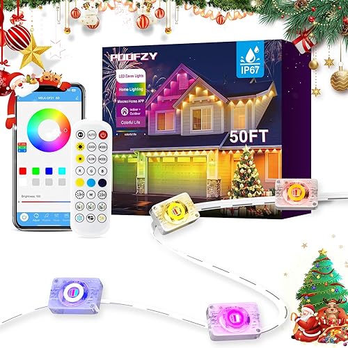 POOFZY Permanent Outdoor Lights for House,50ft RGB+IC Smart Outdoor Decor, 50 Scene Modes,App/Remote Control,IP67 Waterproof,for Christmas,Halloween,Daily & Holiday Party Decor,House Roof Lighting