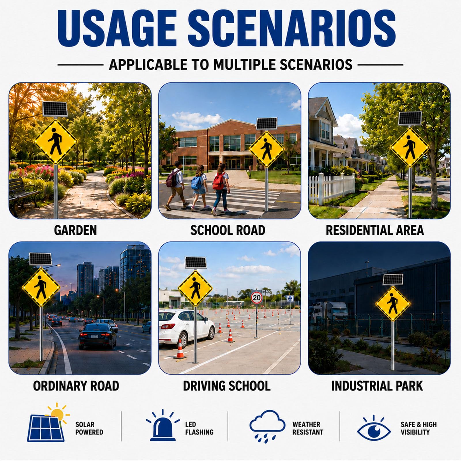 Señal de Paso de peatones Solar de 30 Pulgadas, 12 Luces 24IN | pulgadas de espesor total, distancia visual de 800 m, para entradas de vehículos e intersecciones de parques industriales