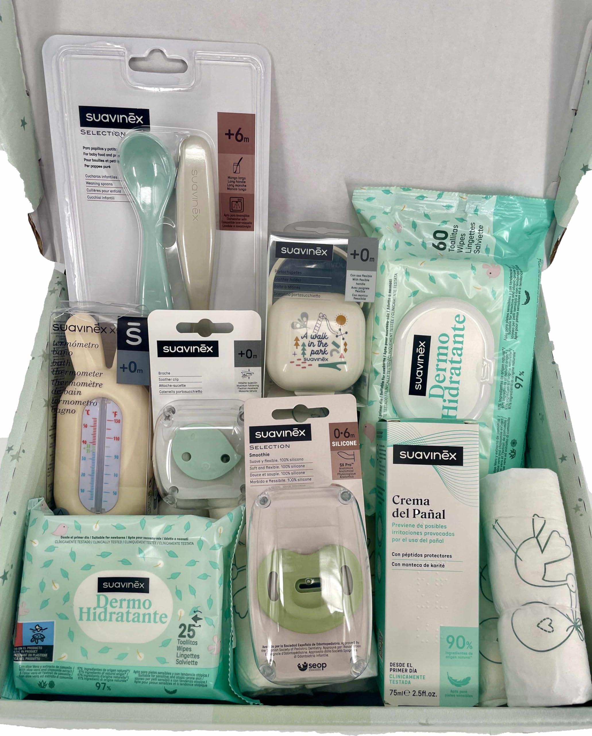 Caja con productos SUAVINEX, Regalo Bebé Recién Nacido Niña Niño Canastilla Bebe Recién Nacido. Chupete Gel Toallitas Loción Crema. Cesta Accesorios Bebe Recien Nacido Regalos Mamás Primerizas