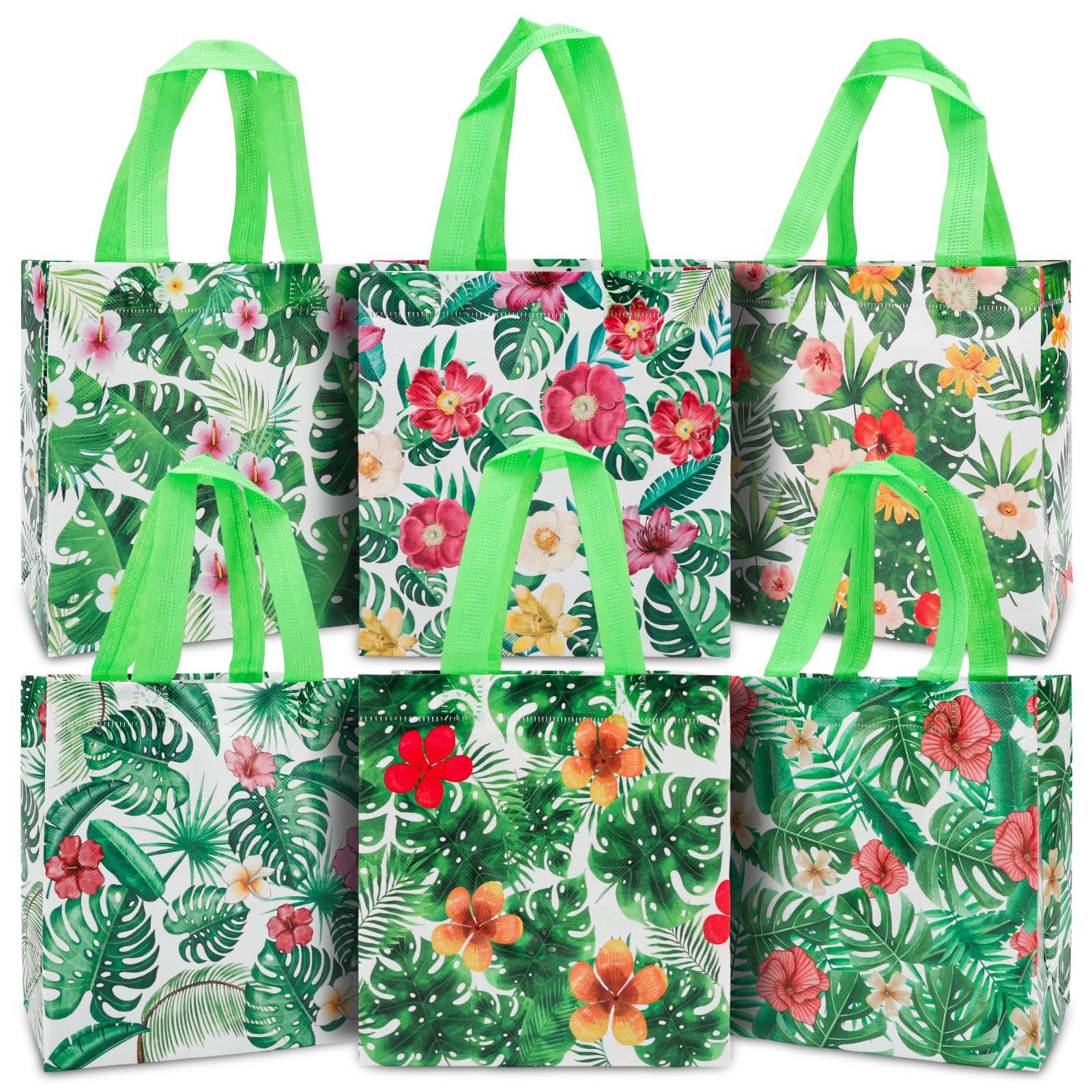 PHOGARY Reusable Gift Bag with Handle, 12PCS Hawaiian Aloha Bags, Non Woven Tropical Hawaii Luau Goodie Bag for Summer Beach Pool Birthday Party Favor Bags