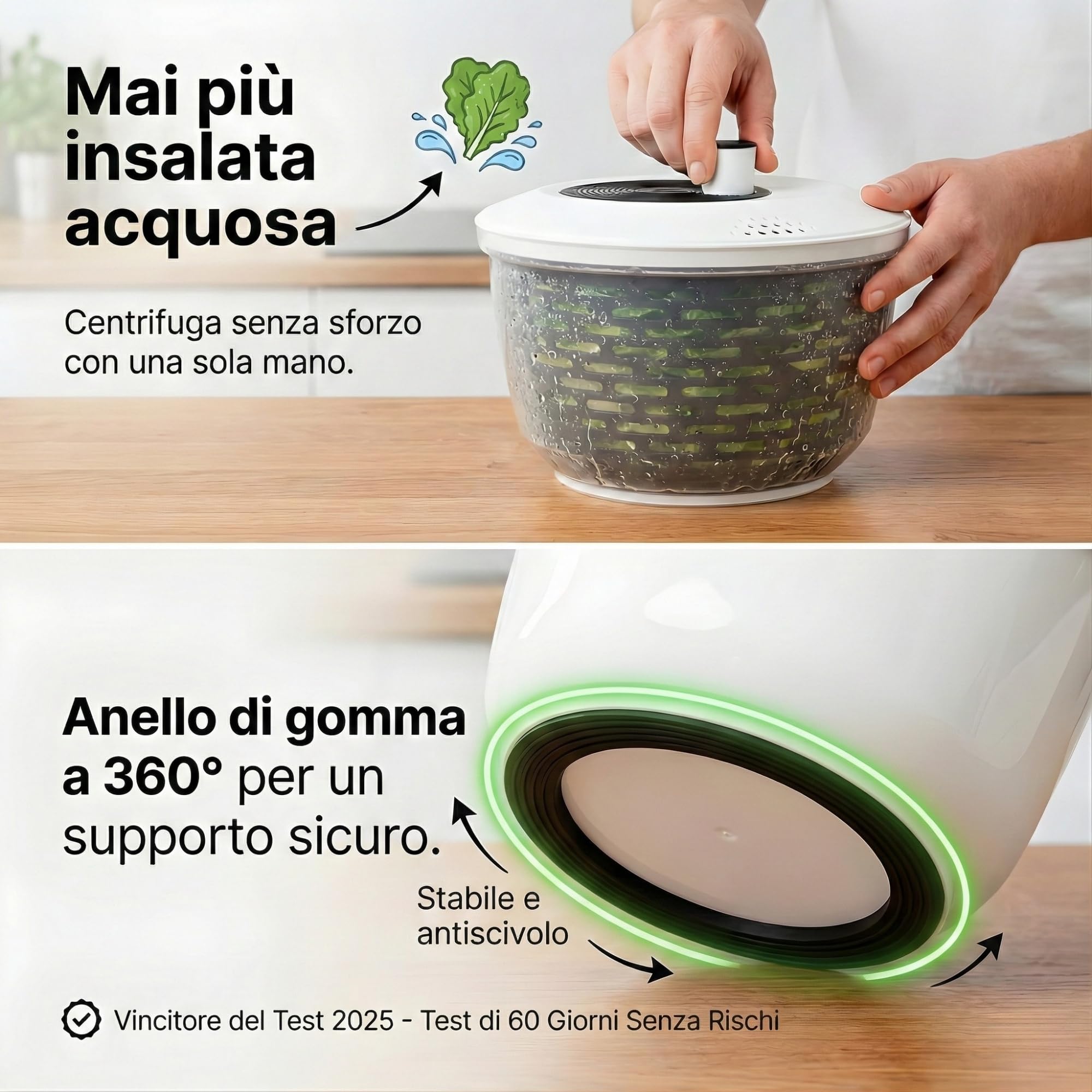 Centrifuga insalata Premium 5 L – 60 giorni di prova senza rischi – 2 in 1 antiscivolo: centrifuga & insalatiera – Ø 24,5 cm – senza BPA – lavastoviglie – per asciugare l’insalata – eBook incluso