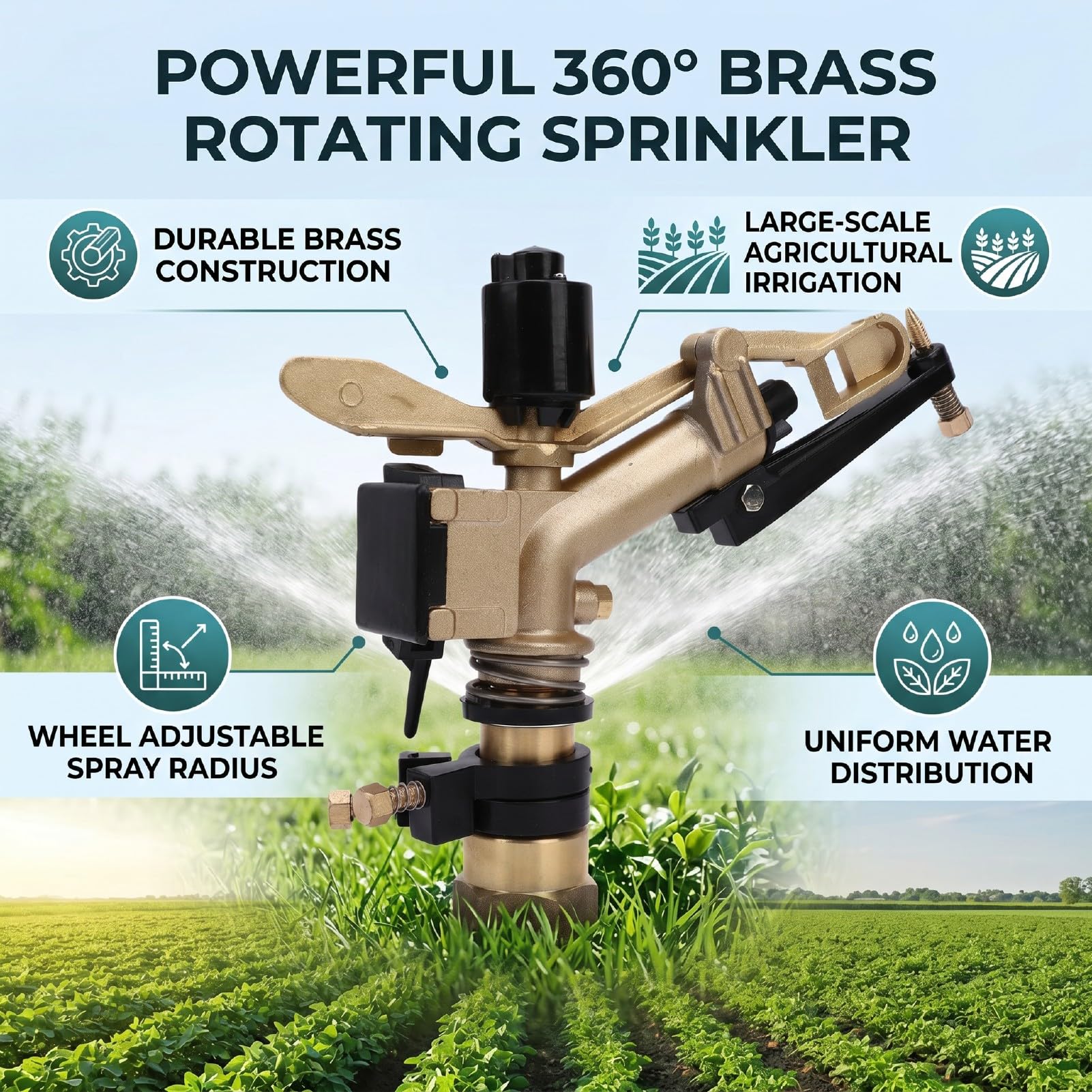 Rociador de Agua Giratorio de Metal 0.2-0.6Mpa | Aspersor de césped ajustable 360 ​​con núcleo de latón para riego de granjas y jardines, distancia de pulverización de 10 a