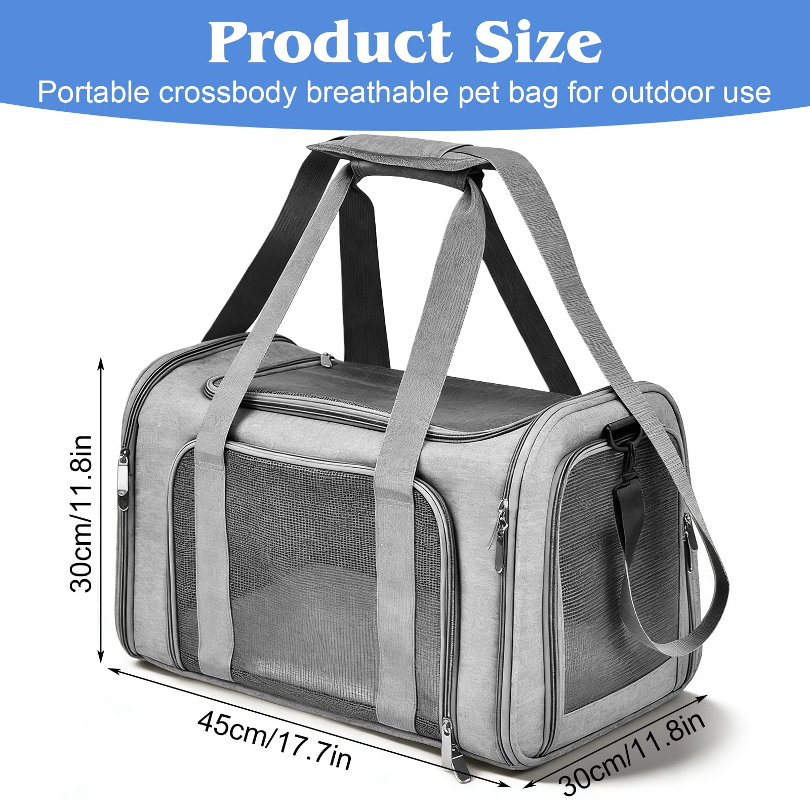Sac Transport Chat Chien, 45 x 30 x 30 cm Sac de Transport pour Chat, Sac de Transport pour Animal, Sac de Transport pour Chats Pliable pour Chiens et Chats avec Bandoulière Réglable Gris, L