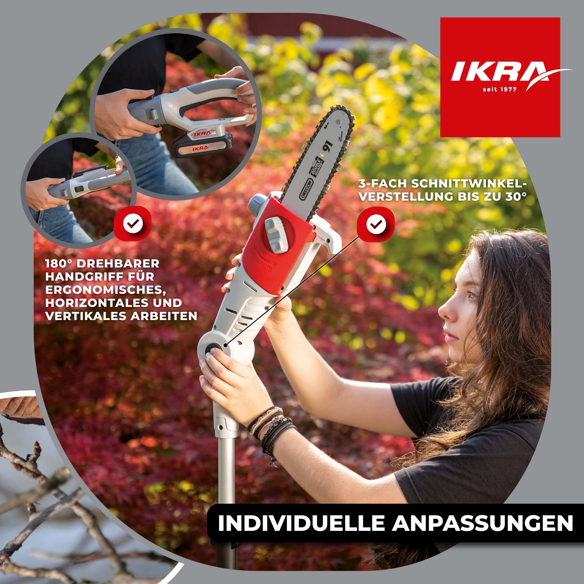 IKRA Teleskop Entaster ICPS 2020, inkl. 2 Akkus & Schnellladegerät | Schwertlänge 20cm, teleskopierbar, Arbeitshöhe 4 Meter, 180° drehbarer Handgriff, Schultergurt, 20V-Akku-Familie von IKRA