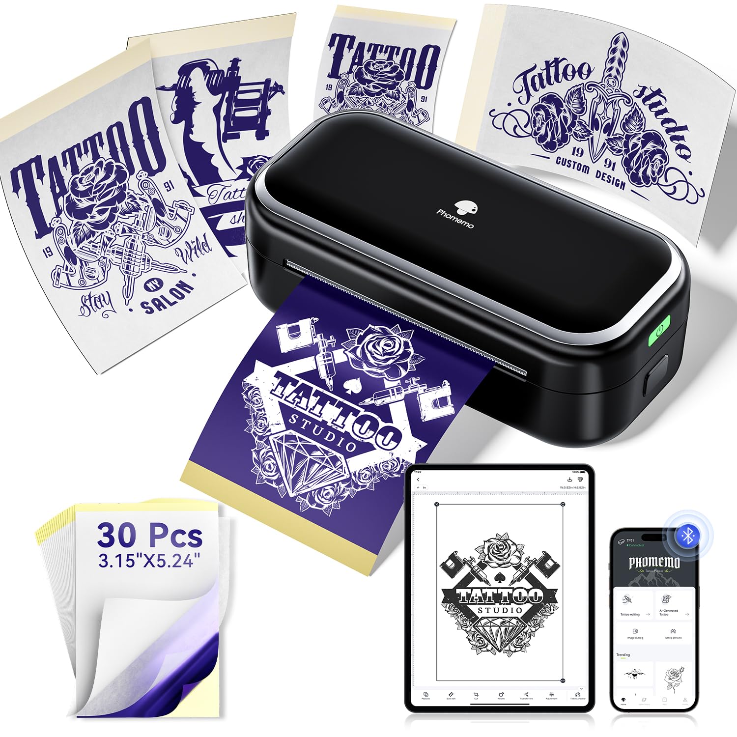 Phomemo TP31 Termocopiadora Tattoo, Impresora Termica Tattoo, Impresora Tatuajes con 30 Hojas de Papel de Transferencia para Tatuajes, Compatible con Smartphone y Tablets