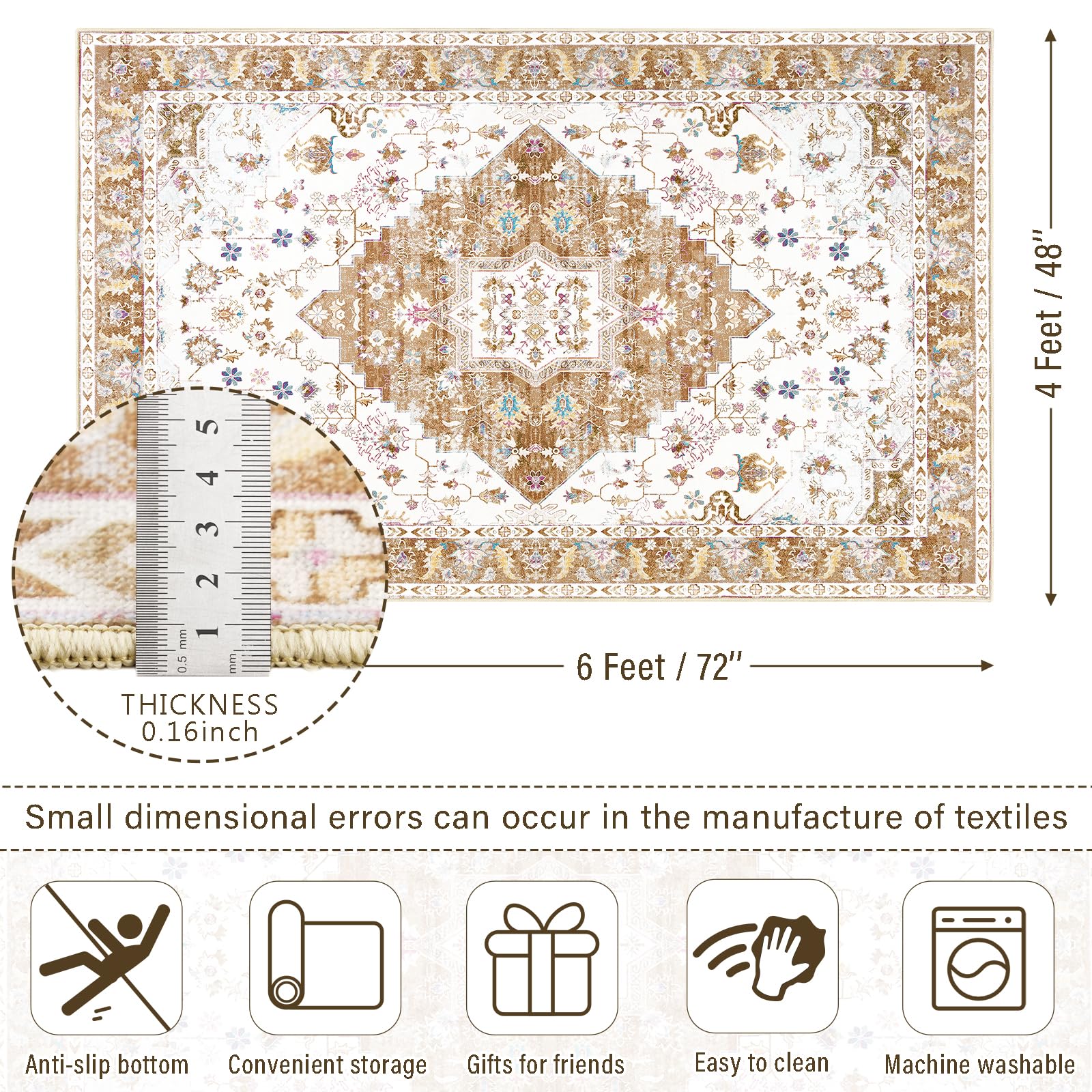 Amearea Vintage Design Area Rugs for Living Room, 4x6 Machine Washable Floral Collection Traditional Bedroom Rug, Low Pile Cute Kids Room Print Carpet, No Slip Office Kitchen Home Decor, Gold Yellow