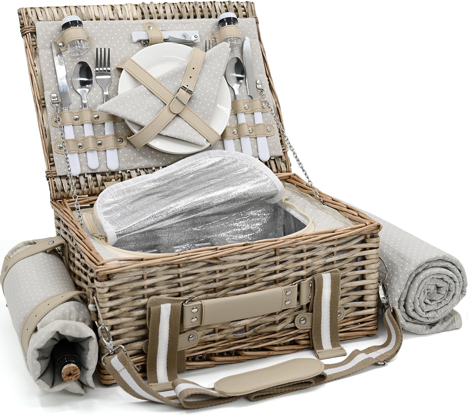 19Pcs Insulated Wicker Picnic Basket for 2 with Picnic Blanket Wine Bag, Picnic Set with Cooler and Full Tableware, Polka Dots