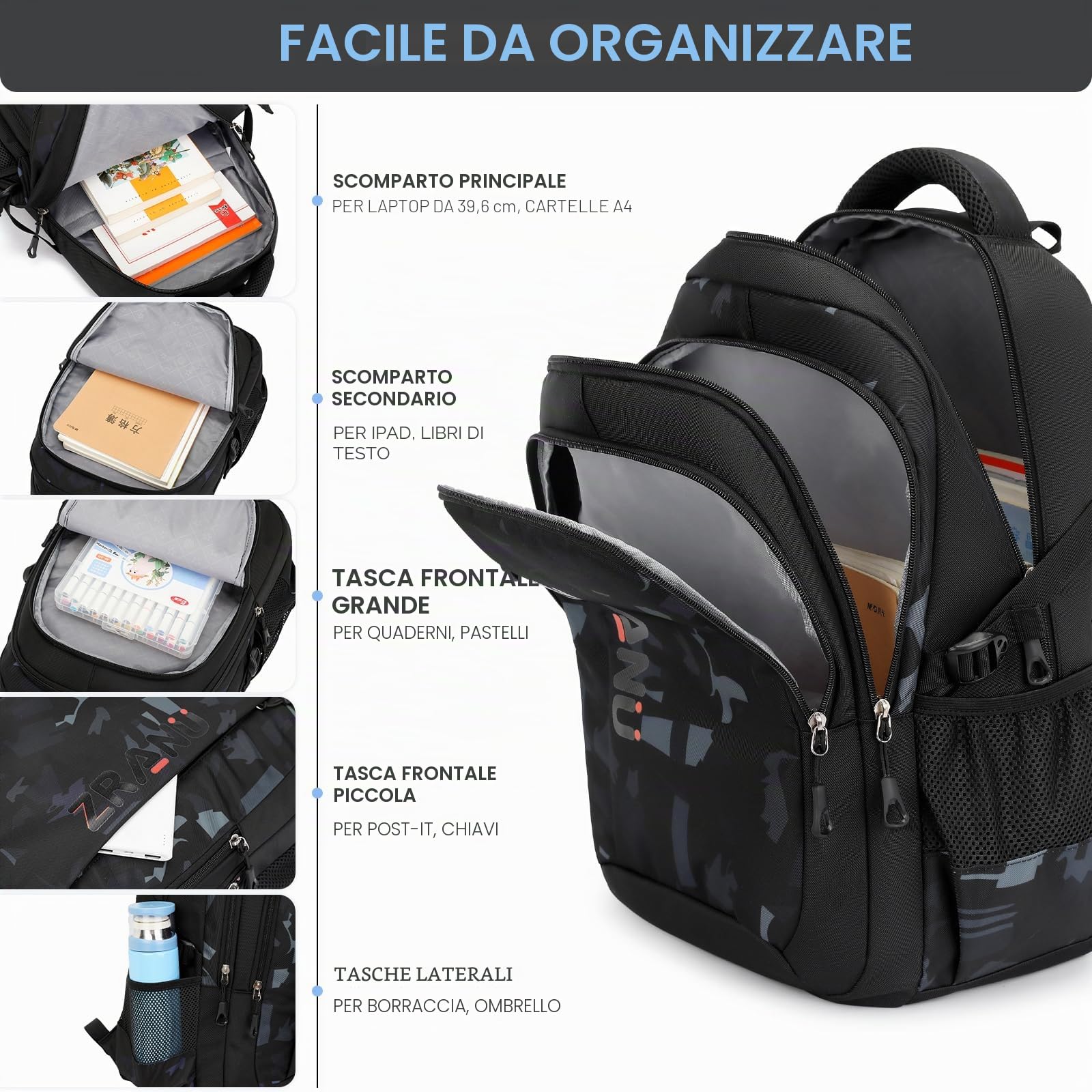 Amythe Zaino Scuola Media e Superiore Ragazzo, Adatto al Trolley, Nero | Zaini Casual Pc 15.6" Borsa Scuola per Studenti Bambino Adolescenti Uomo Idrorepellente Grande Leggero, Ritorno / Viaggio