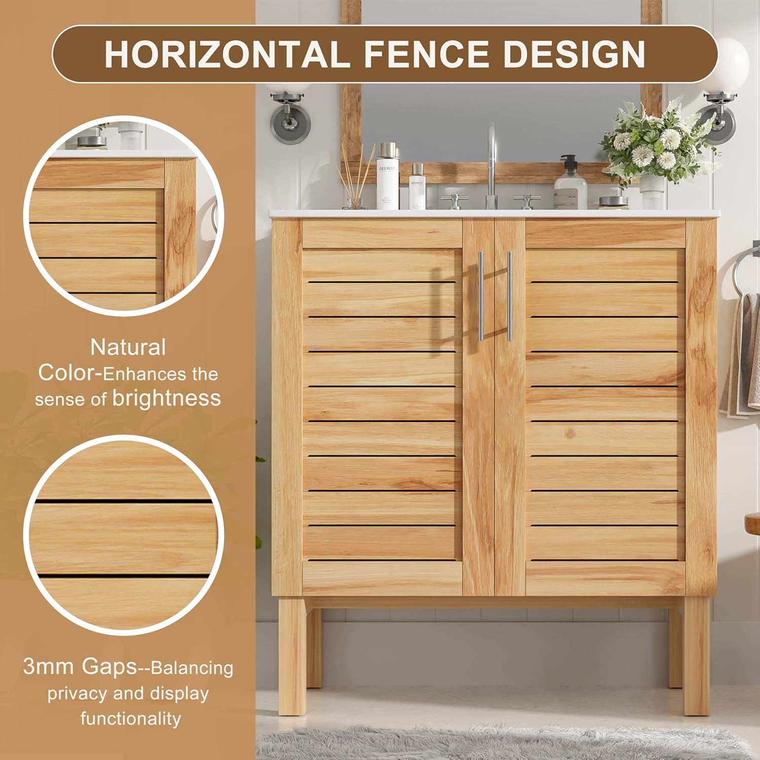 Montary 30" Farmhouse Style Bathroom Vanity with Ceramic Sink, Retro Modern Bathroom Vanity Cabinet with 2 Soft-Close Doors and Large Storage Space, Freestanding Single Vanity Set, Natural