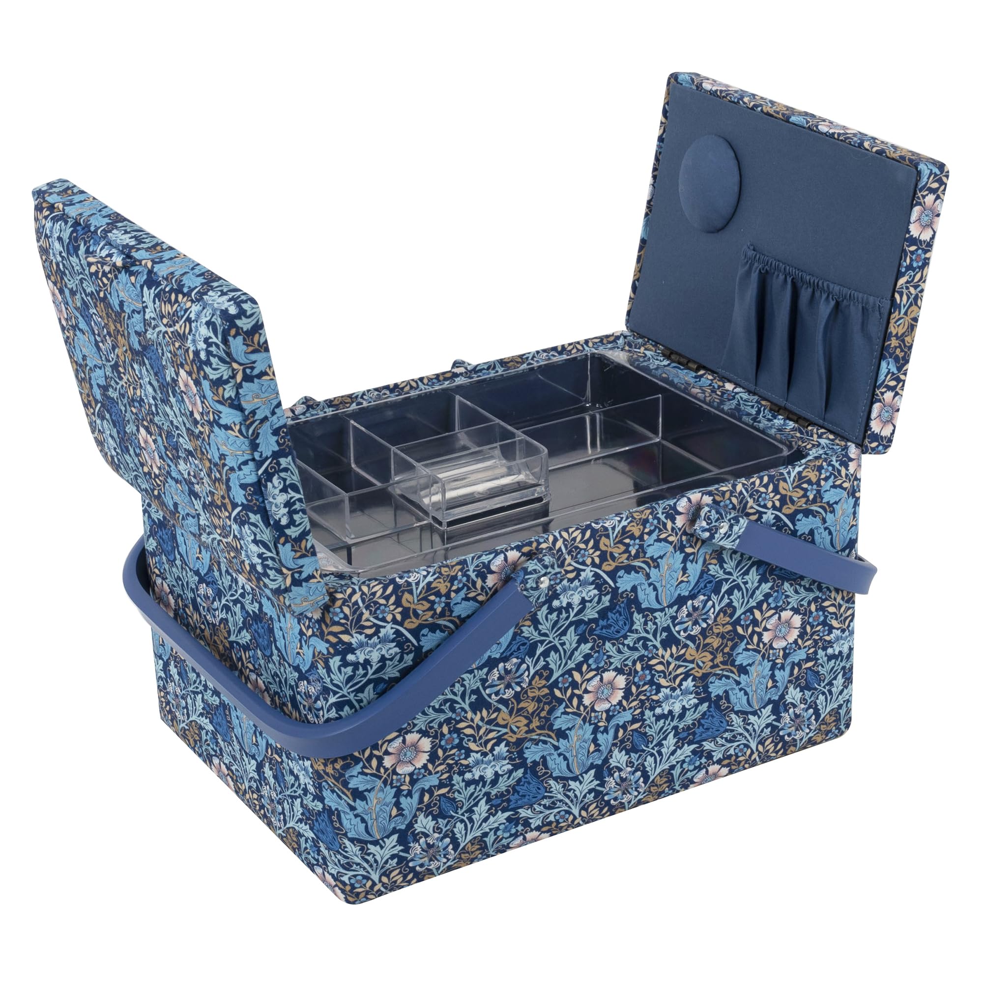 Hobby Gift Großer Nähkasten – Doppeldeckel, Baumwollstoff mit Holzblock-Blumenmuster, mit Kunststoffgriff, Innenschale aus Hartplastik mit Fächern, Deckel mit Tasche und stilvollem 21x30,5x19,5cm
