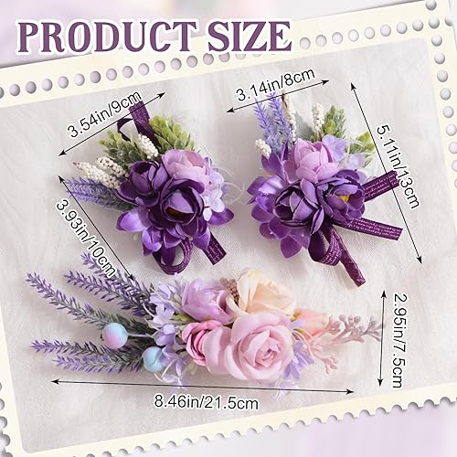 Miniatura 9 de URROMA 6 piezas de flores de ramillete de muñeca, ramillete morado para decoración de traje, decoración de flores de mano para dama de honor, novia,