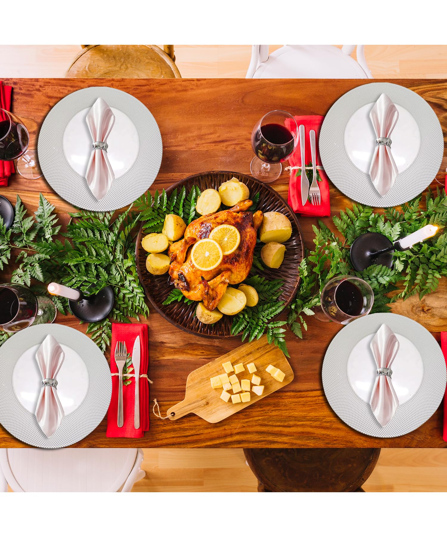 Elegantes platos de cristal plateado con 12 servilleteros martillados – 33 cm diseño a cuadros para servir bodas, fiestas, cumpleaños, eventos y decoración de mesa, juego de 6