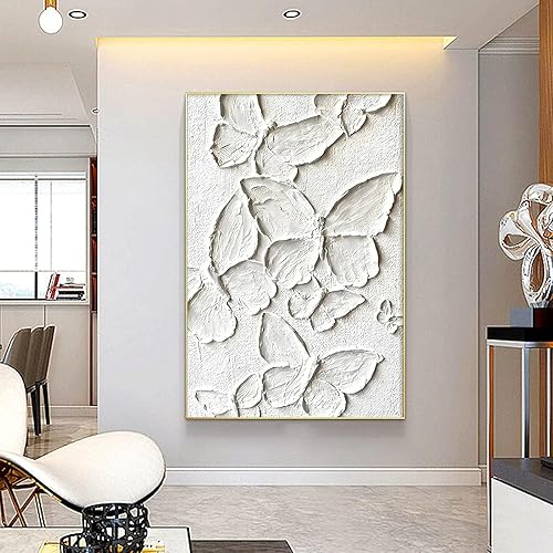 White Butterfly Canvas Wall Art Minimalist Textured Painting White Butterfly Abstract Artwork For Wall White Paint Stroke Wall Art Butterfly Posters Prints White Texture Picture 16x24inch No Frame