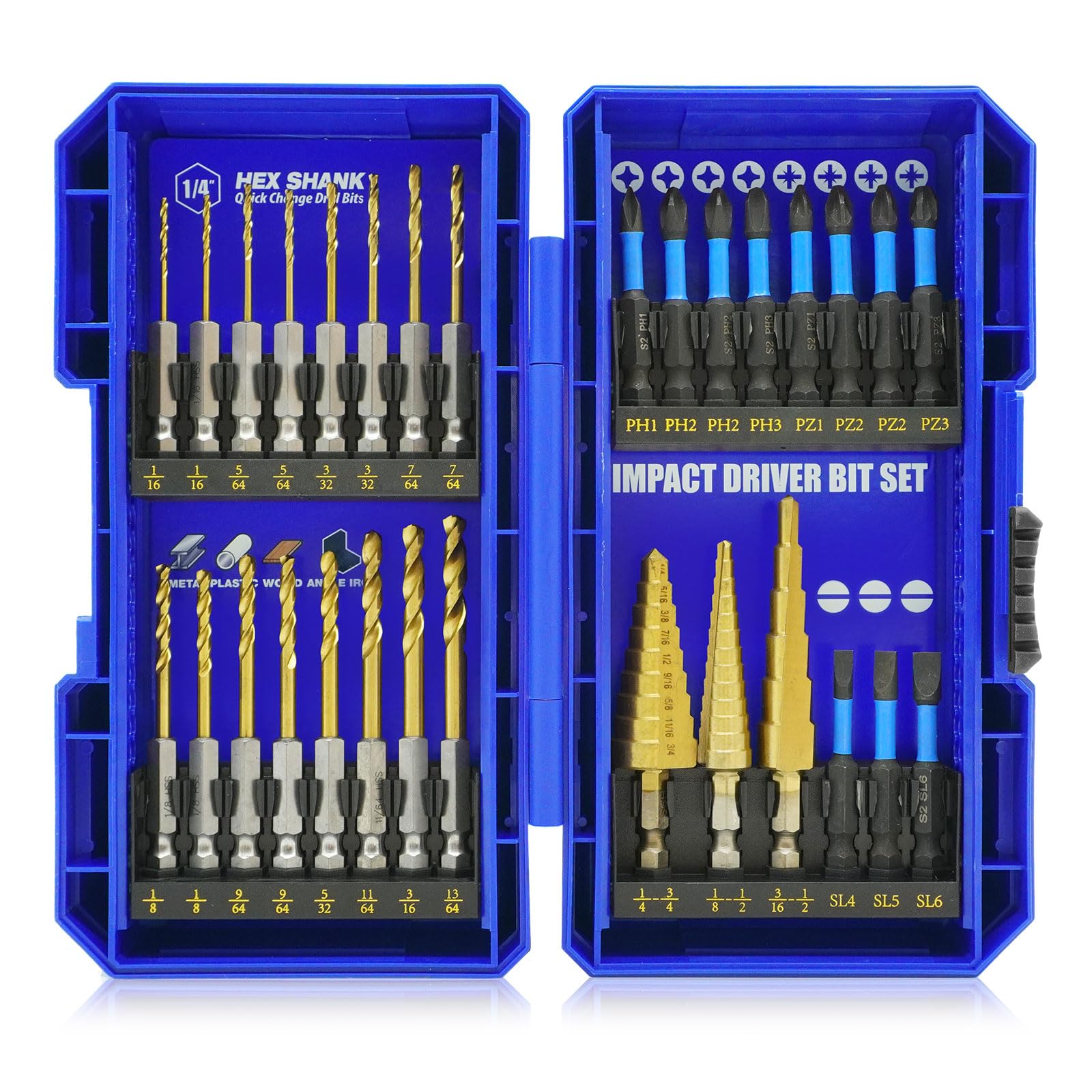 Handree 30pcs Impact Bit Set, Screwdriver Bit Set 11pcs, Hex Shank Drill Bit Set 16pcs, Step Drill Bit 3pcs, High Speed Steel Materialand Titanium