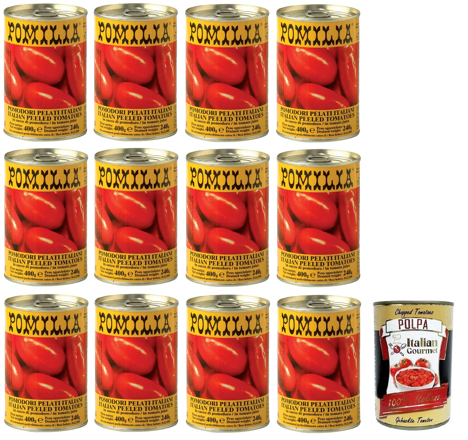 Pomilia Pomodori Pelati - 12 tomates pelados, 100% tomates italianos, lata de 400 g + lata italiana gourmet Polpa di Pomodoro de 400 g