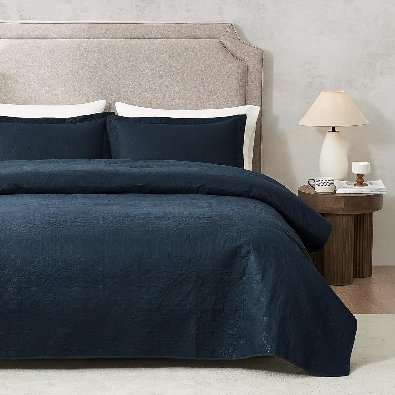 Hansleep Navy Quilt California King Size - Baroque Ultrasonic All Season Bedspread California King, Soft Lightweight Coverlet Bedding Set, 3 Pieces (1 Quilt, 2 Pillow Shams)