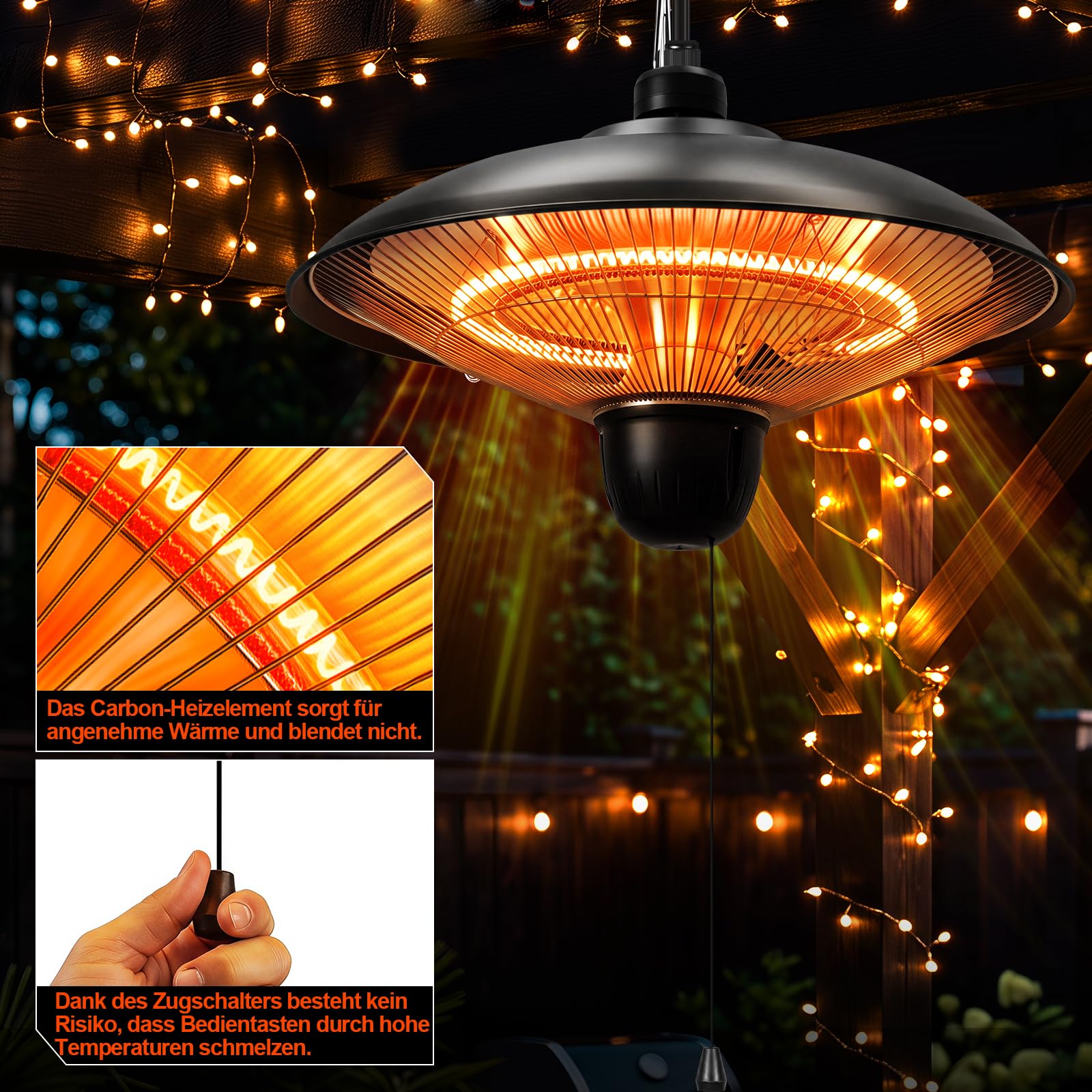 Stufa da esterni da 1800 W, per terrazza, sospesa, colore nero | Stufa elettrica da terrazza sospesa con 3 livelli di potenza, per terrazze, balconi e ambienti esterni coperti