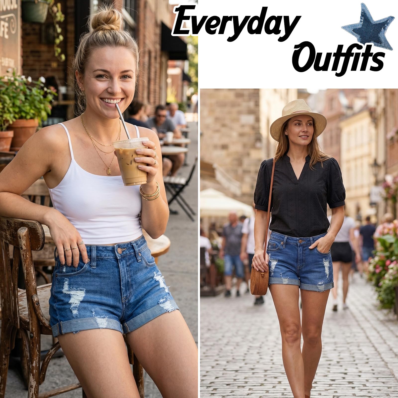 Short en Jean Femme Taille Moyenne Déchiré Destroy Extensible avec Poches Ourlet Rouloté Short Jean Femme été