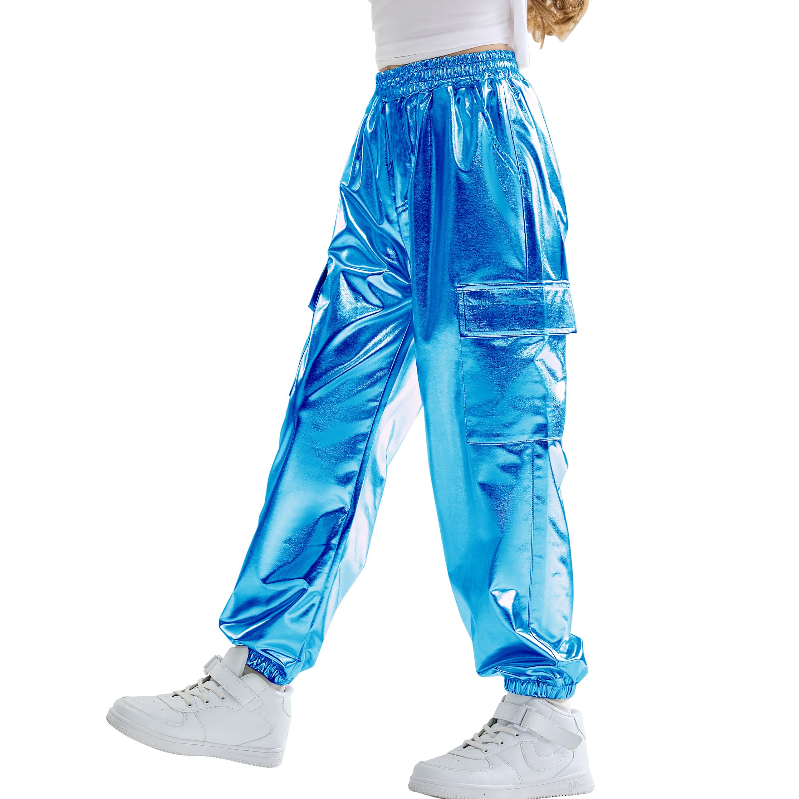 Rolanko Girls Metallic Cargo Pants, Shiny Jogger Pant for Dance 6-15 Years