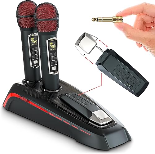 MASINGO 2 micrófonos inalámbricos de karaoke, receptor Bluetooth integrado, conecta micrófonos y teléfonos inteligentes a cualquier altavoz con
