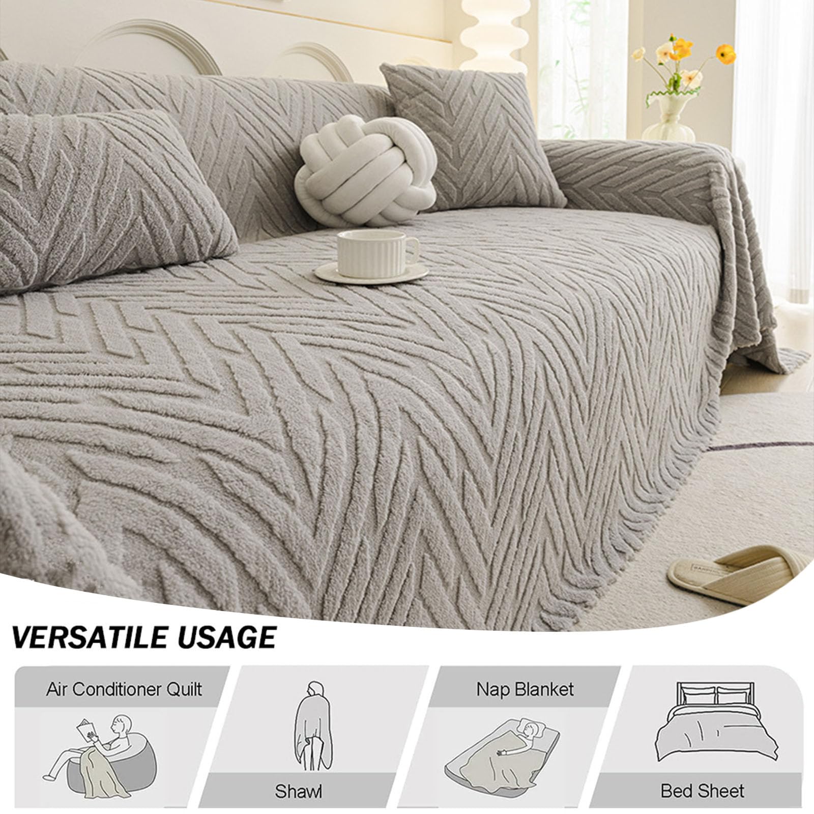 Fansu Jacquard Felpa Funda de sofá 1 2 3 4 5 Plazas Invierno Cómoda Manta Cubre Sofa Grande Multiusos Funda Protectora de Sofás Toalla Cubre Sofà Cubierta de sofá para Hogar Oficina (Gris,180x500cm)