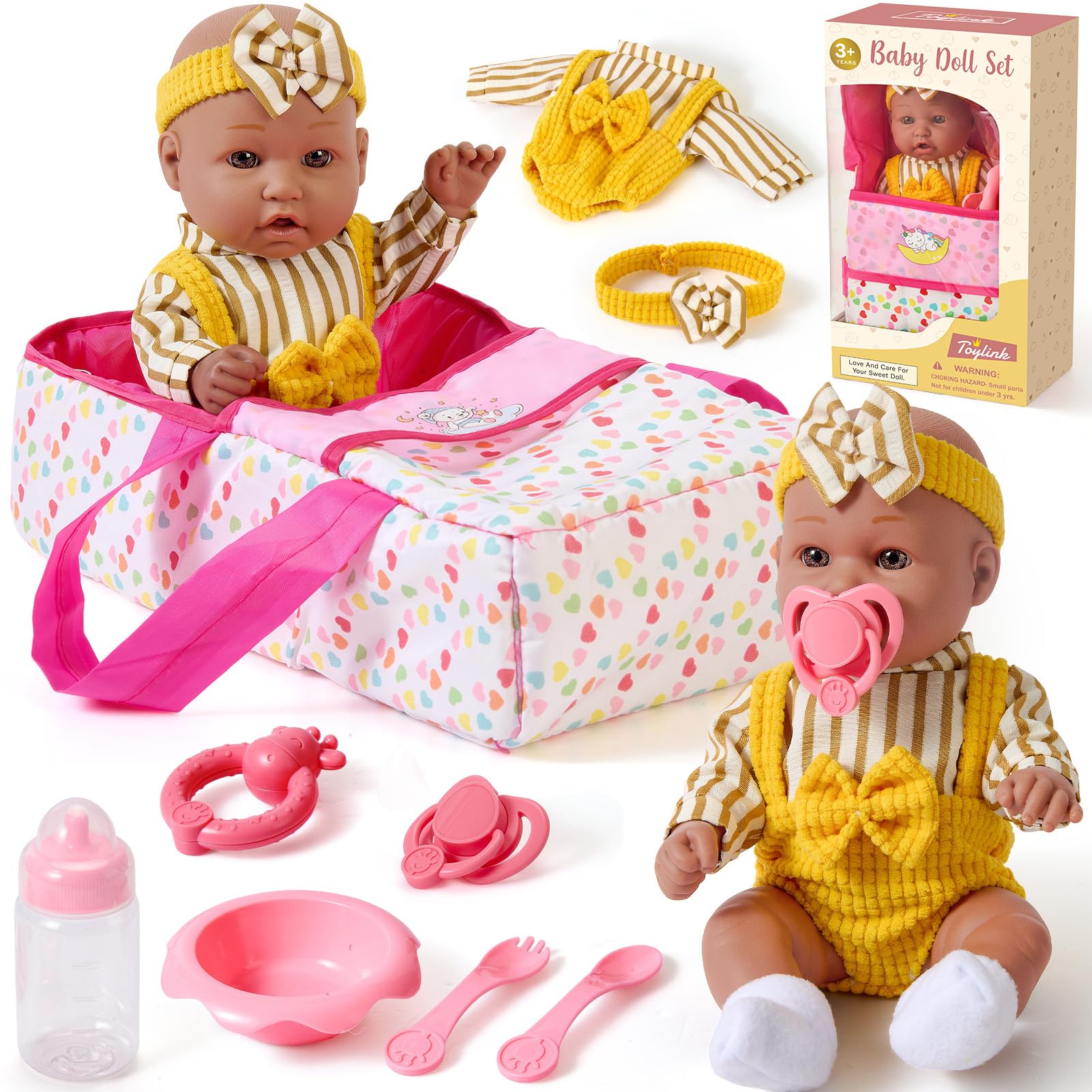 vamei 12 Inch Baby Doll with Carrier Bed, Baby Doll Accessories with Doll Clothes & Pacifier & Feeding Set, Realistic Baby Dolls Pretend Play Kids Toddler Toys Gifts for 3 4 5 6 Years Old Girls